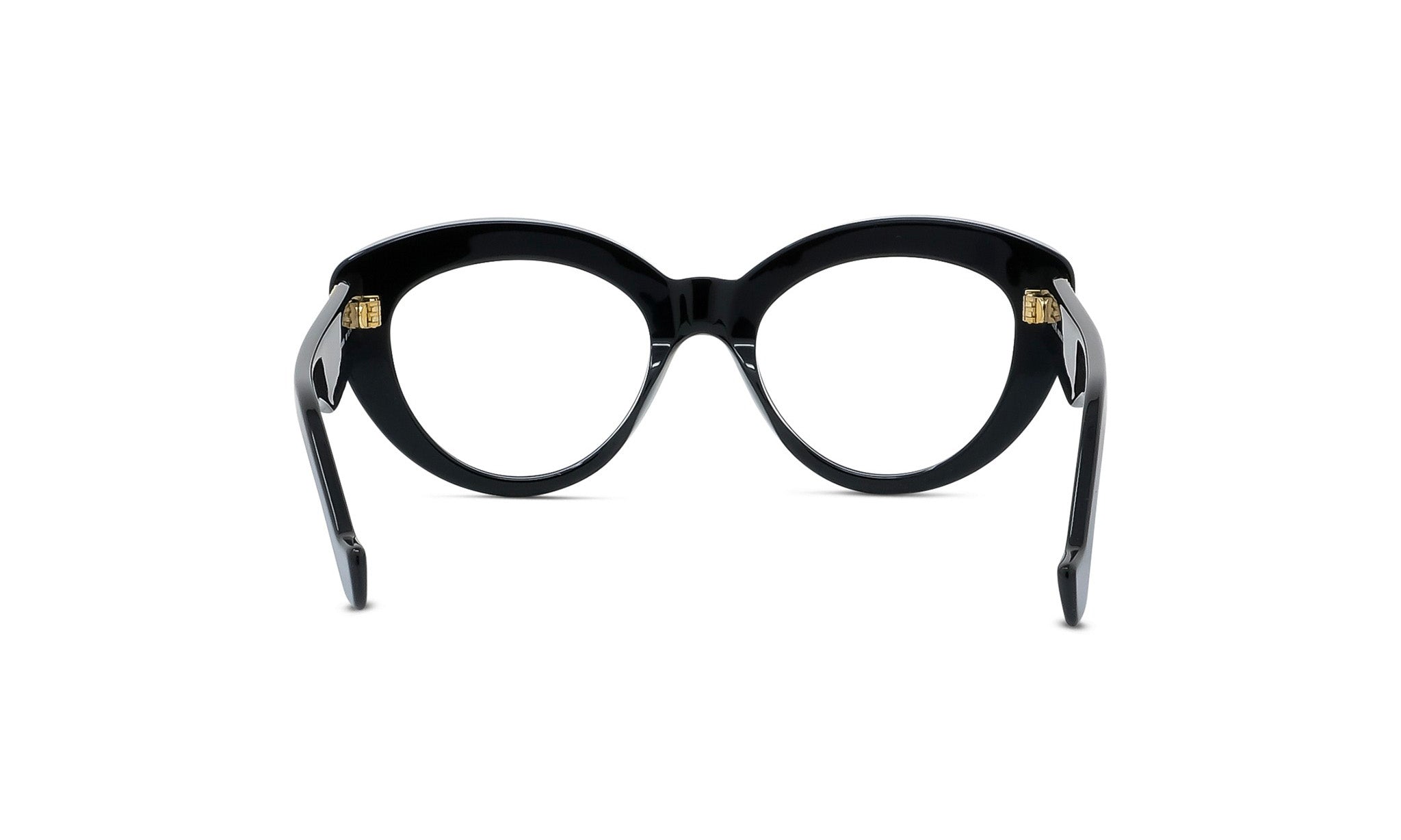A pair of black, round-framed glasses with gold accents.