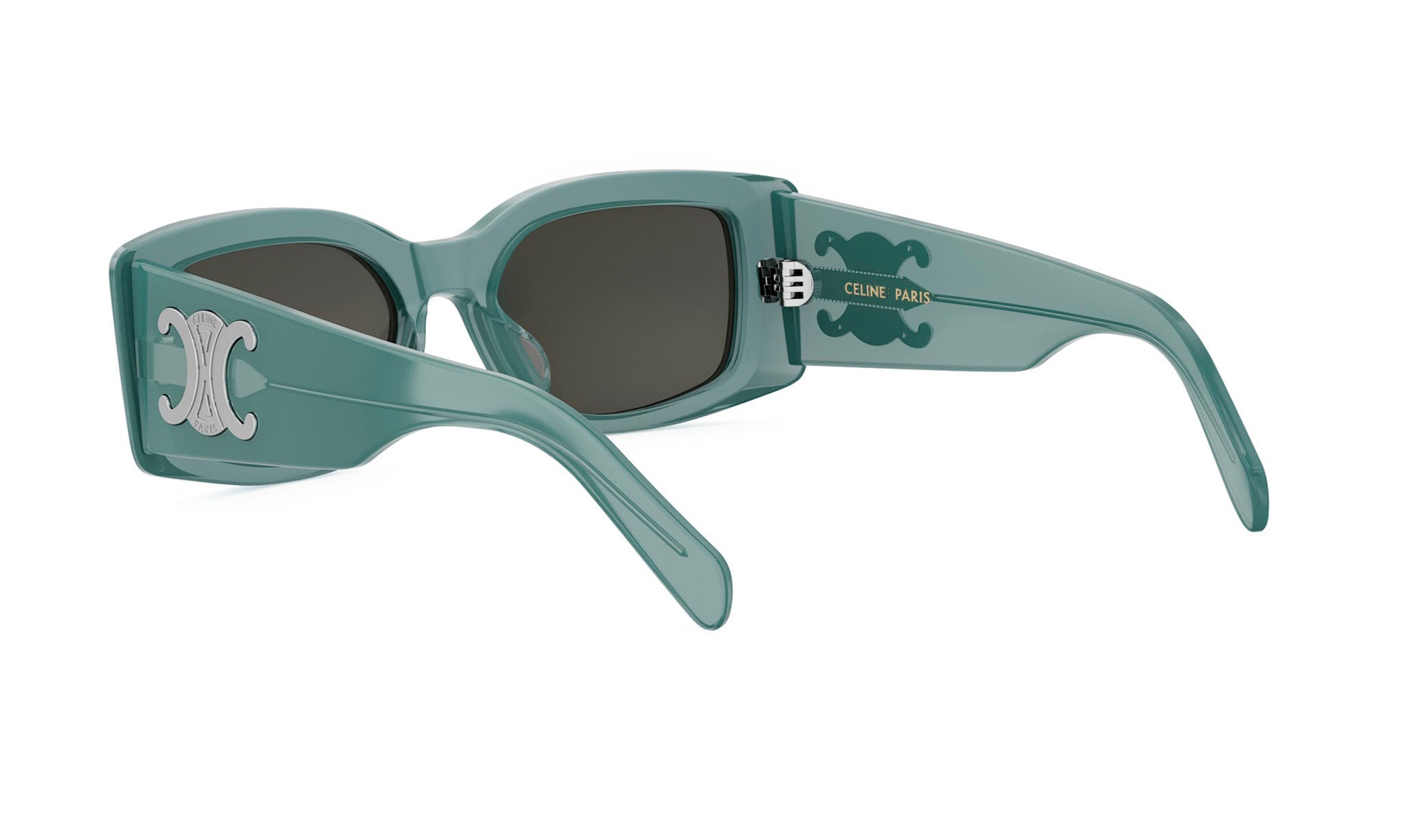 A pair of green sunglasses with a Celine Parks logo on the frame.