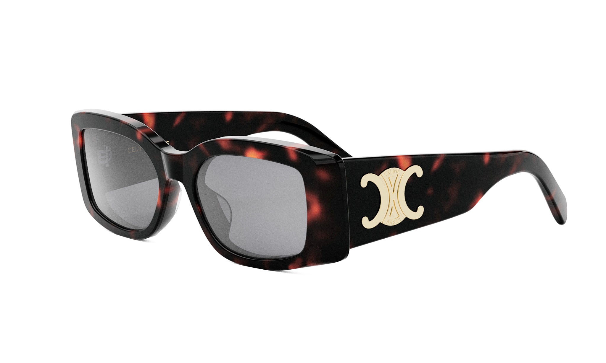 A pair of stylish sunglasses with a tortoiseshell frame and a distinctive logo on the side.