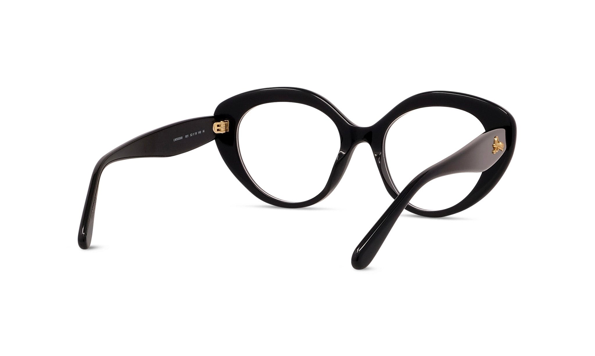 A pair of black cat-eye framed glasses with gold accents.