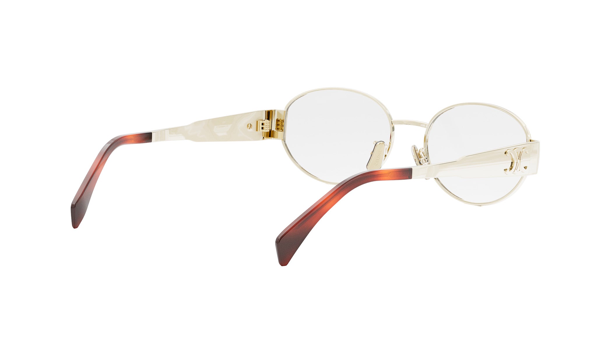 A pair of round, gold-colored sunglasses with brown accents.