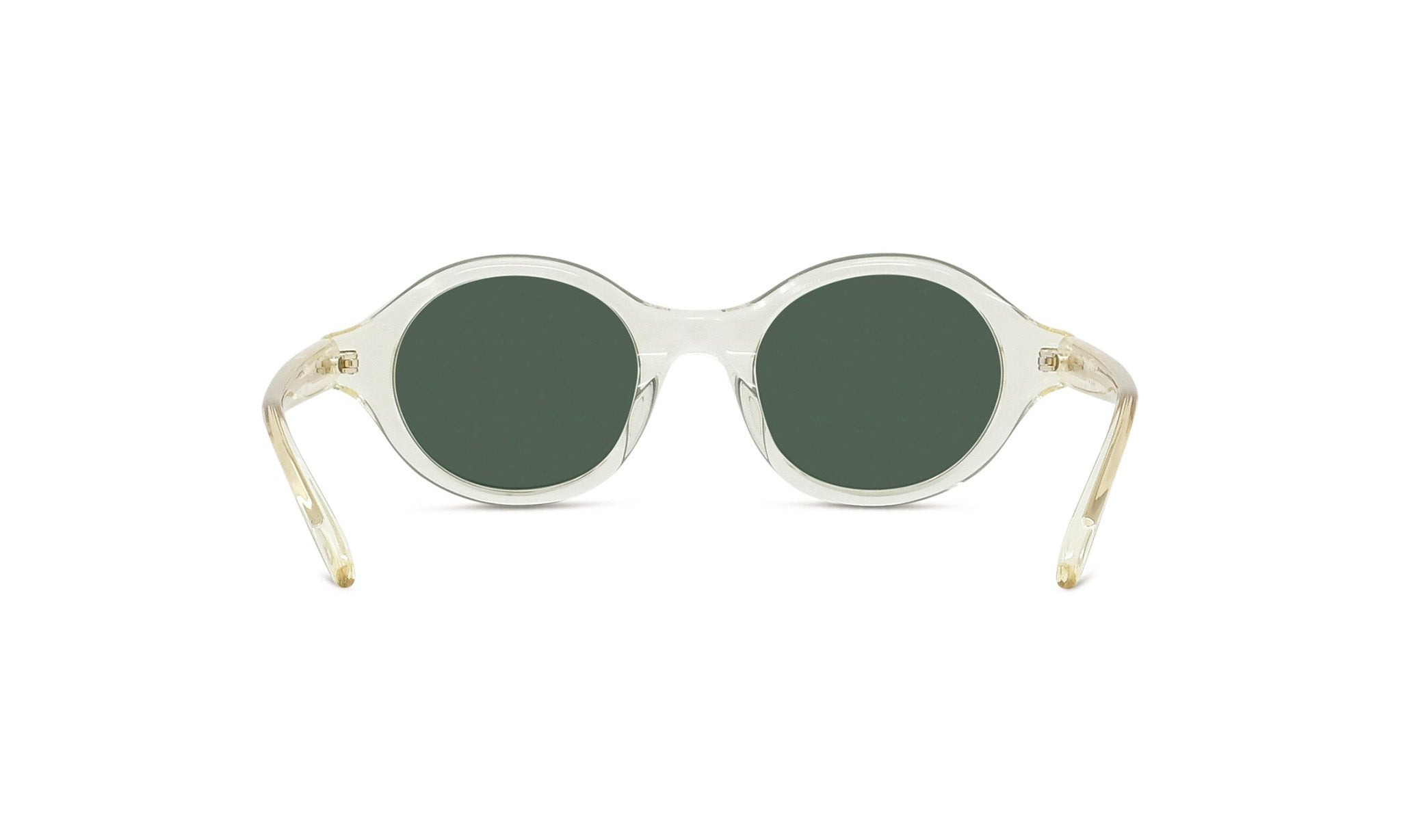 A pair of white-framed sunglasses with dark green lenses.