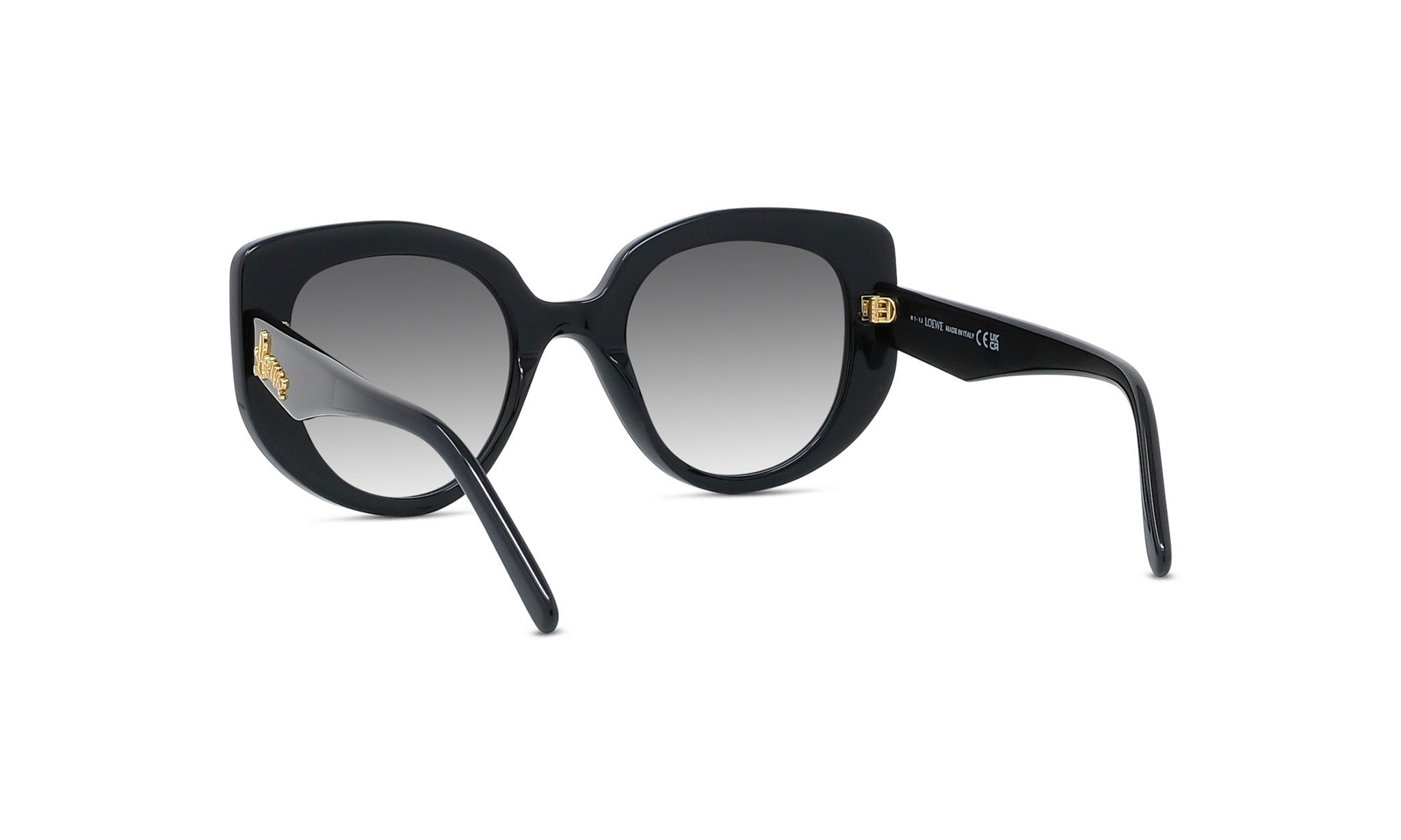 A pair of black sunglasses with gold accents, featuring a round frame and dark lenses.