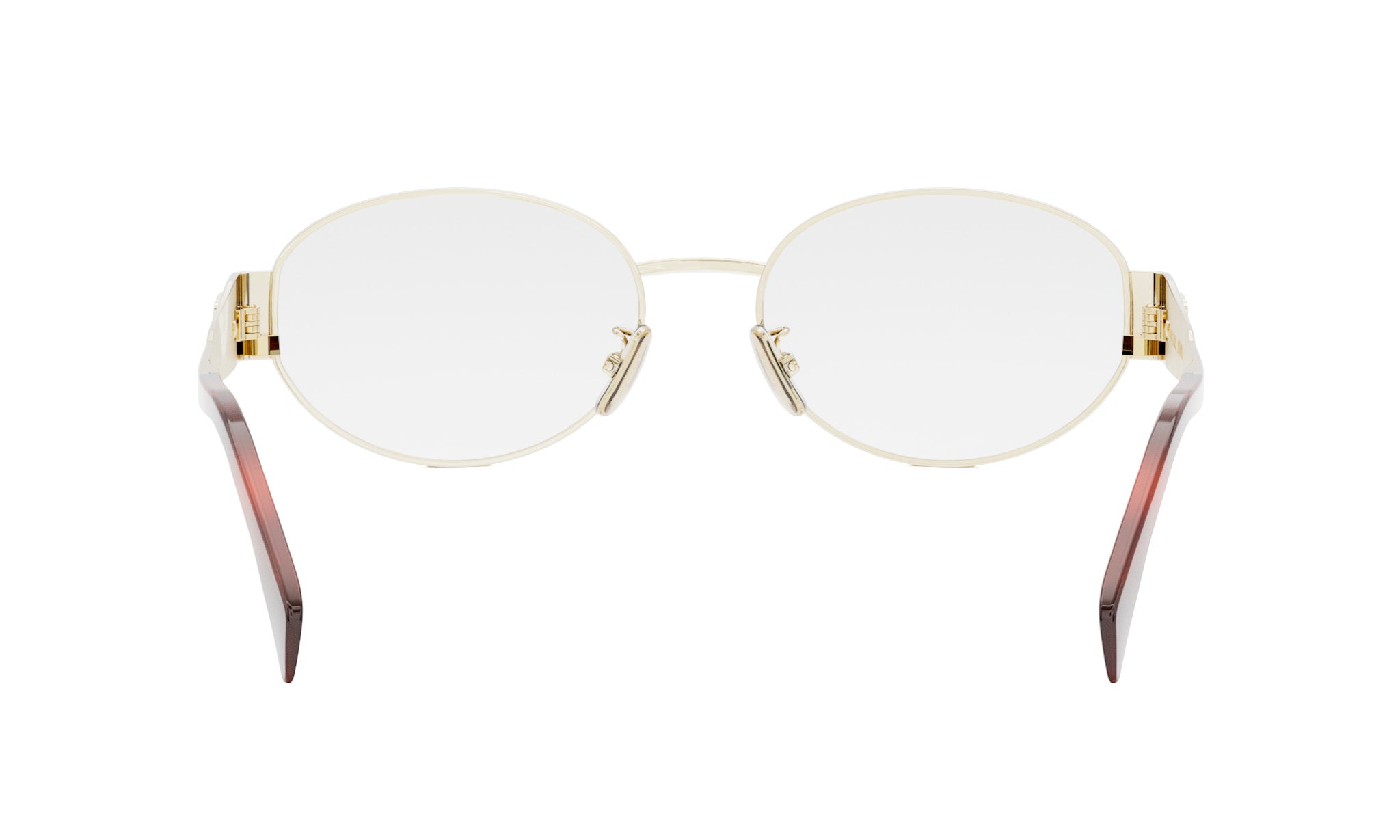A pair of round, gold-colored glasses with dark brown frames.