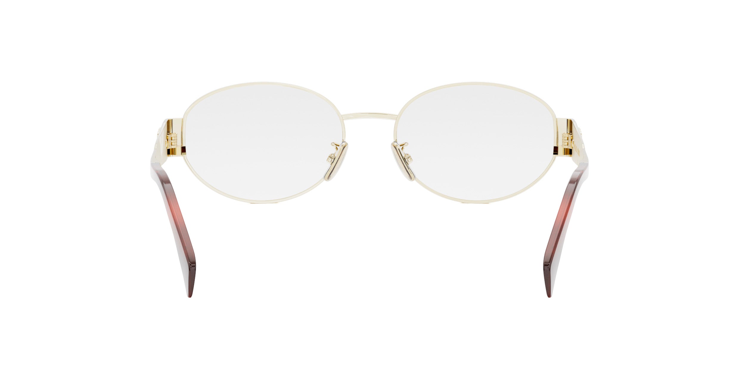 A pair of round, gold-colored glasses with dark brown frames.