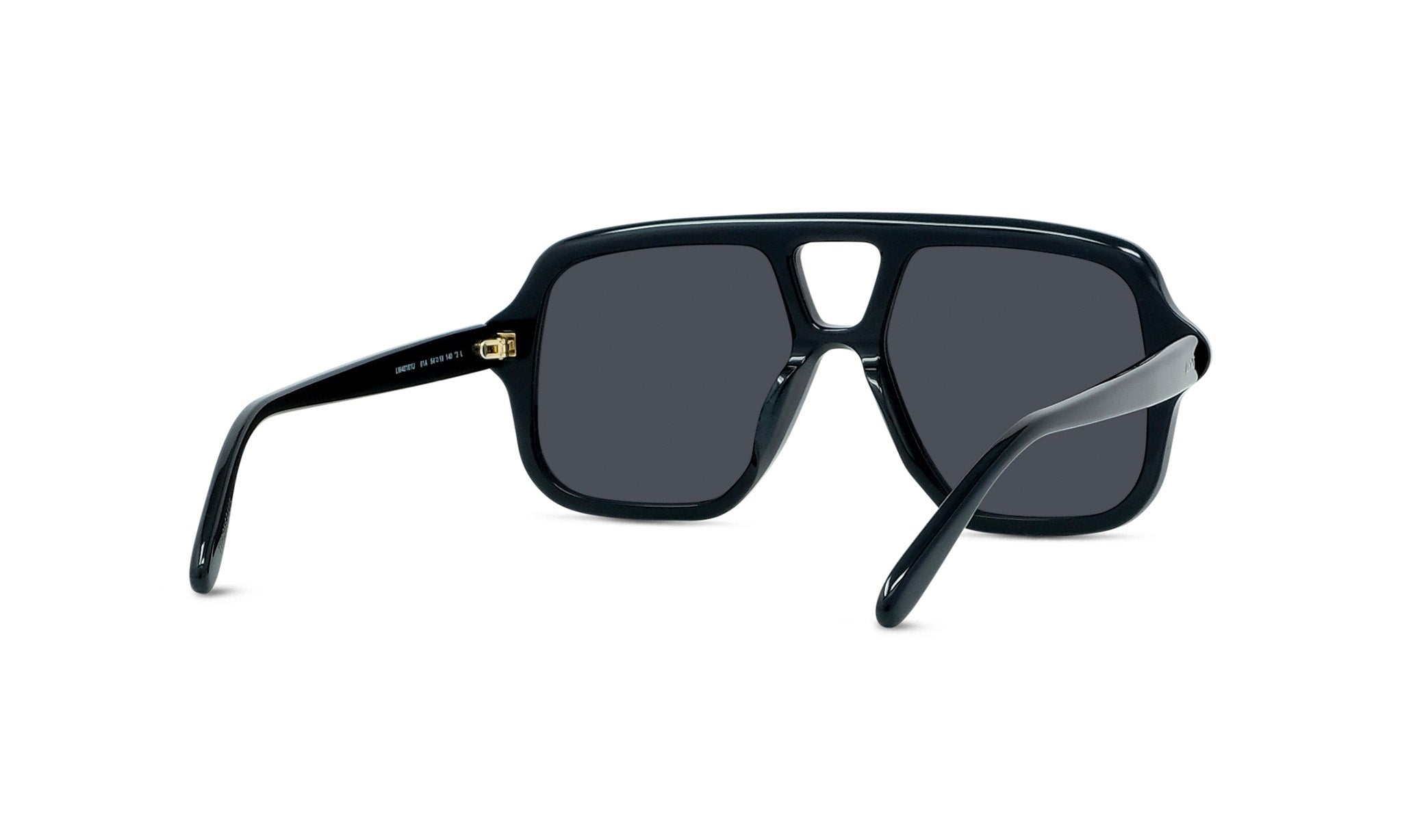 A pair of black sunglasses with dark lenses.