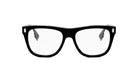 A pair of black-framed glasses with clear lenses, set against a white background.