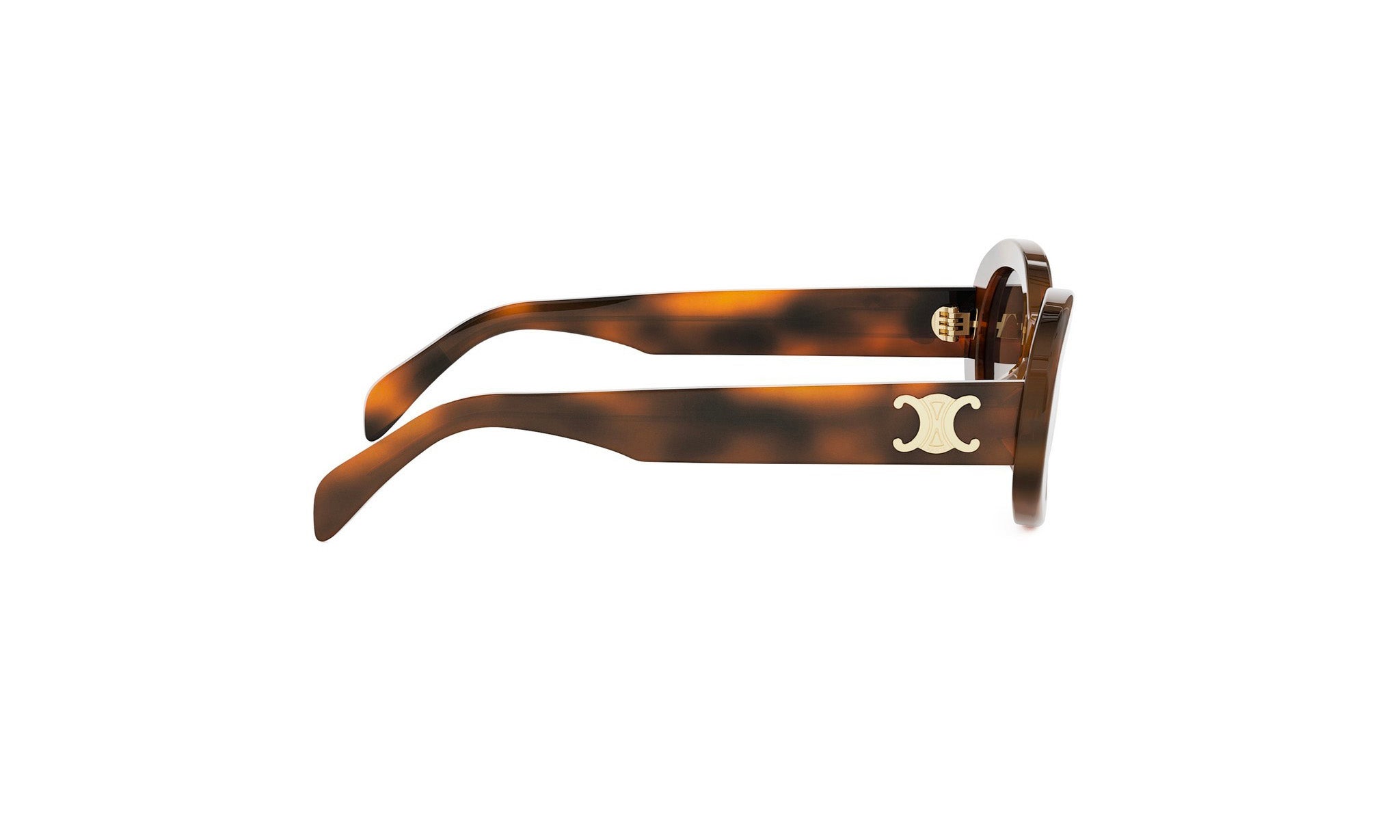 A pair of brown sunglasses with a white logo on the frame.