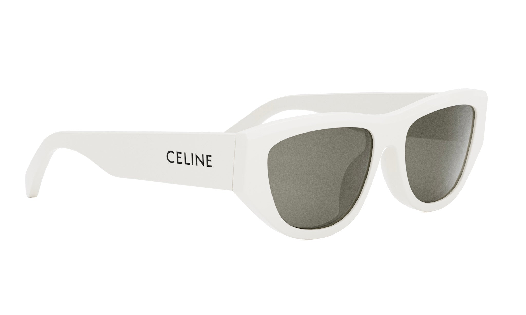A pair of white sunglasses with dark lenses.