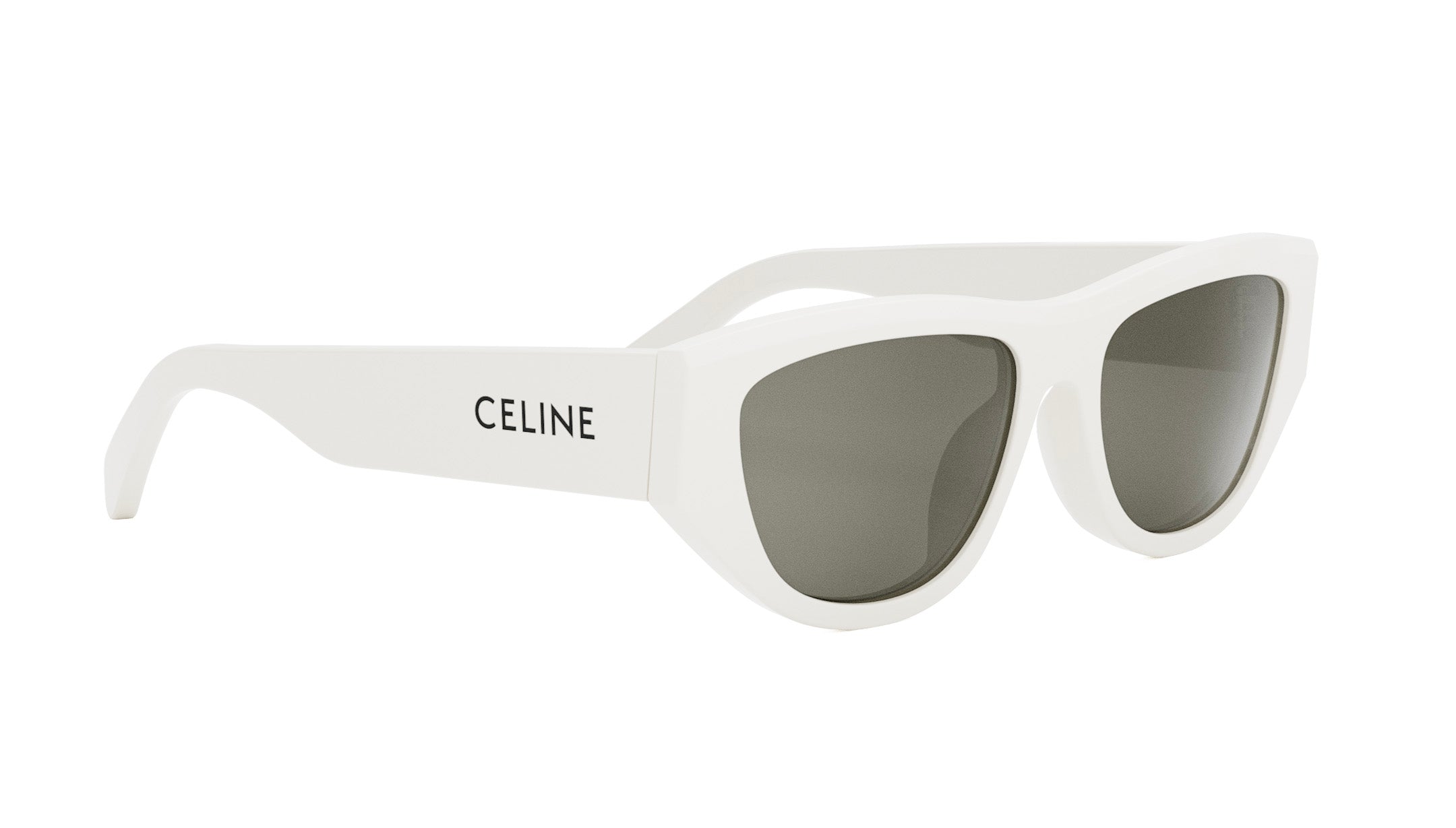 A pair of white sunglasses with dark lenses.