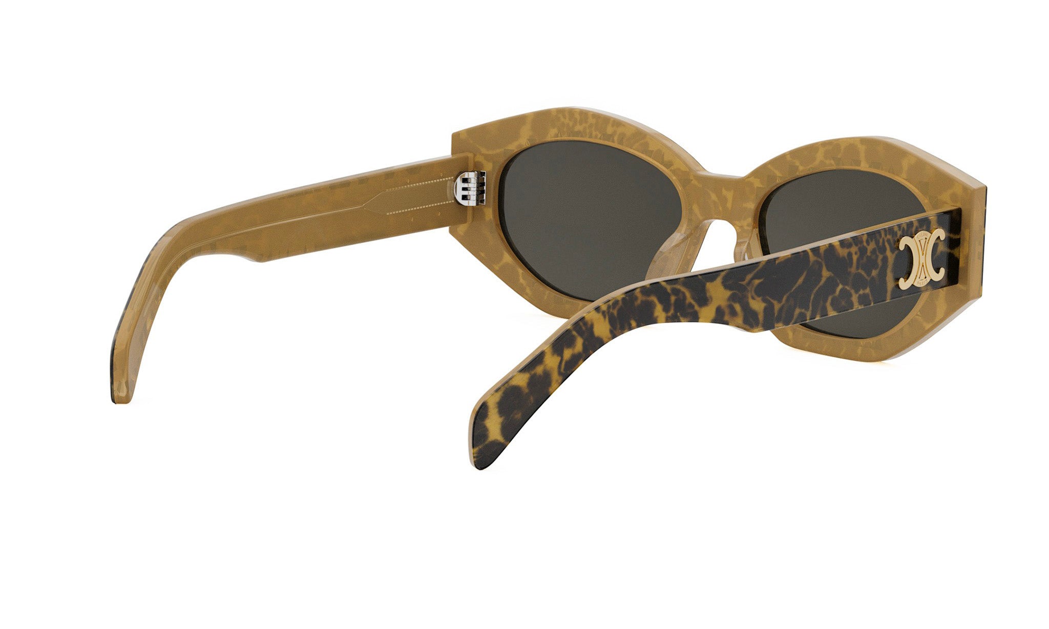 A pair of tan-colored sunglasses with a leopard print frame and dark lenses.