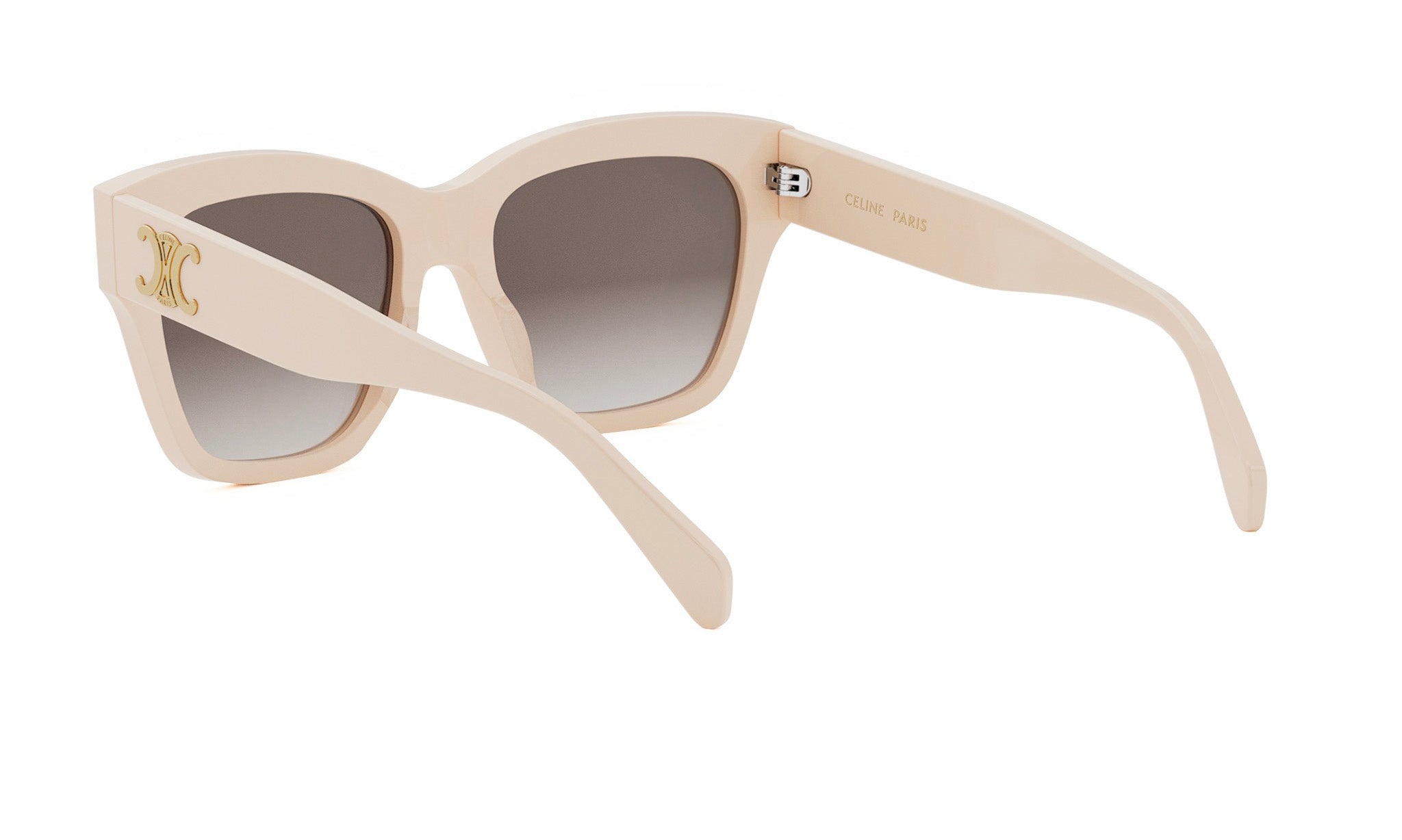 A pair of cream-colored sunglasses with a gold logo on the frame.