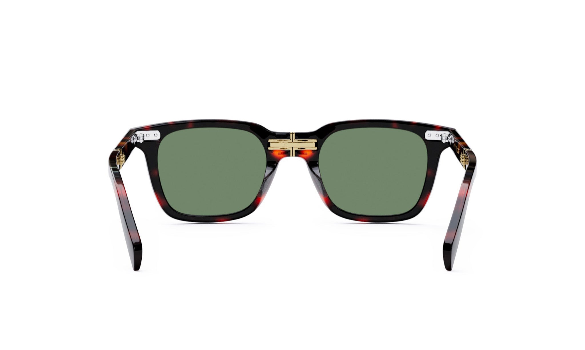 A pair of sunglasses with dark green lenses and a red frame.