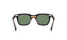 A pair of sunglasses with dark green lenses and a red frame.