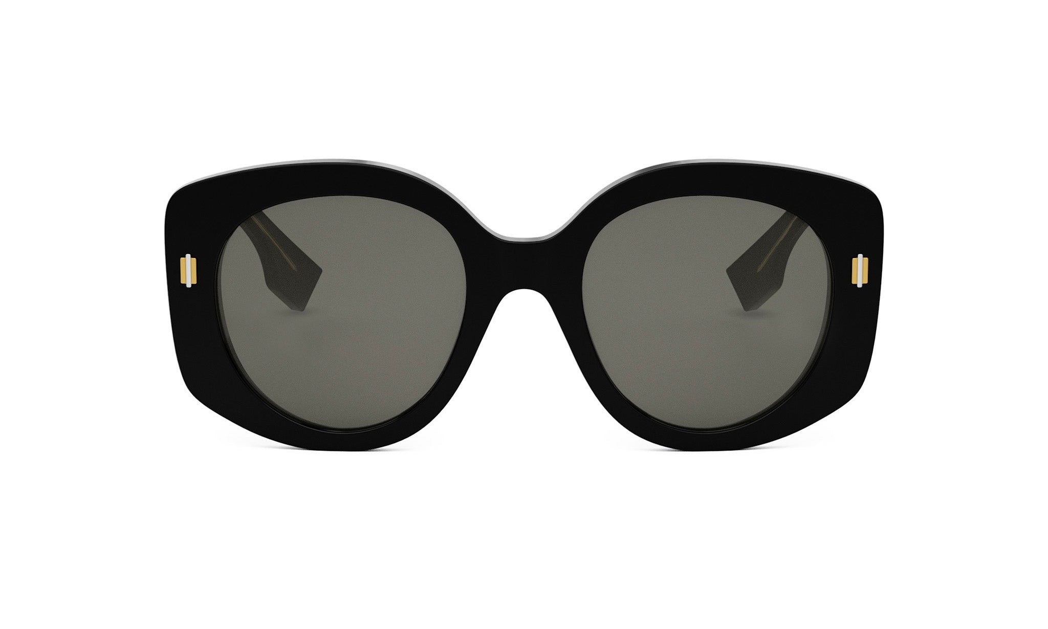 A pair of black sunglasses with dark lenses.