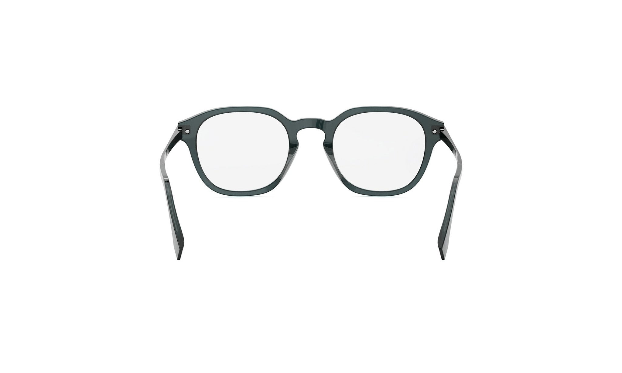 A pair of black-framed glasses with white lenses, shown from the back view.