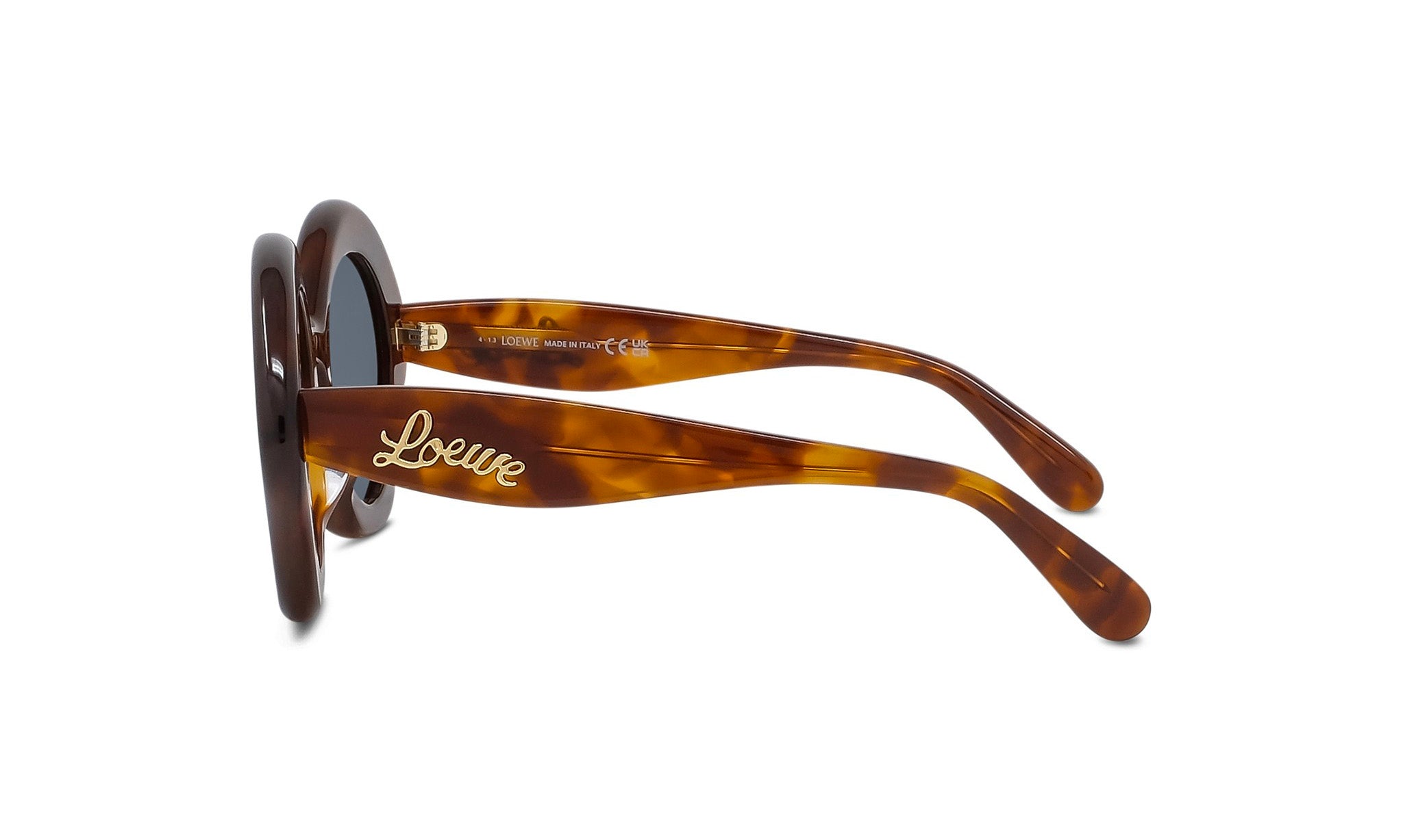A pair of brown sunglasses with the word "Loise" engraved on the frame.