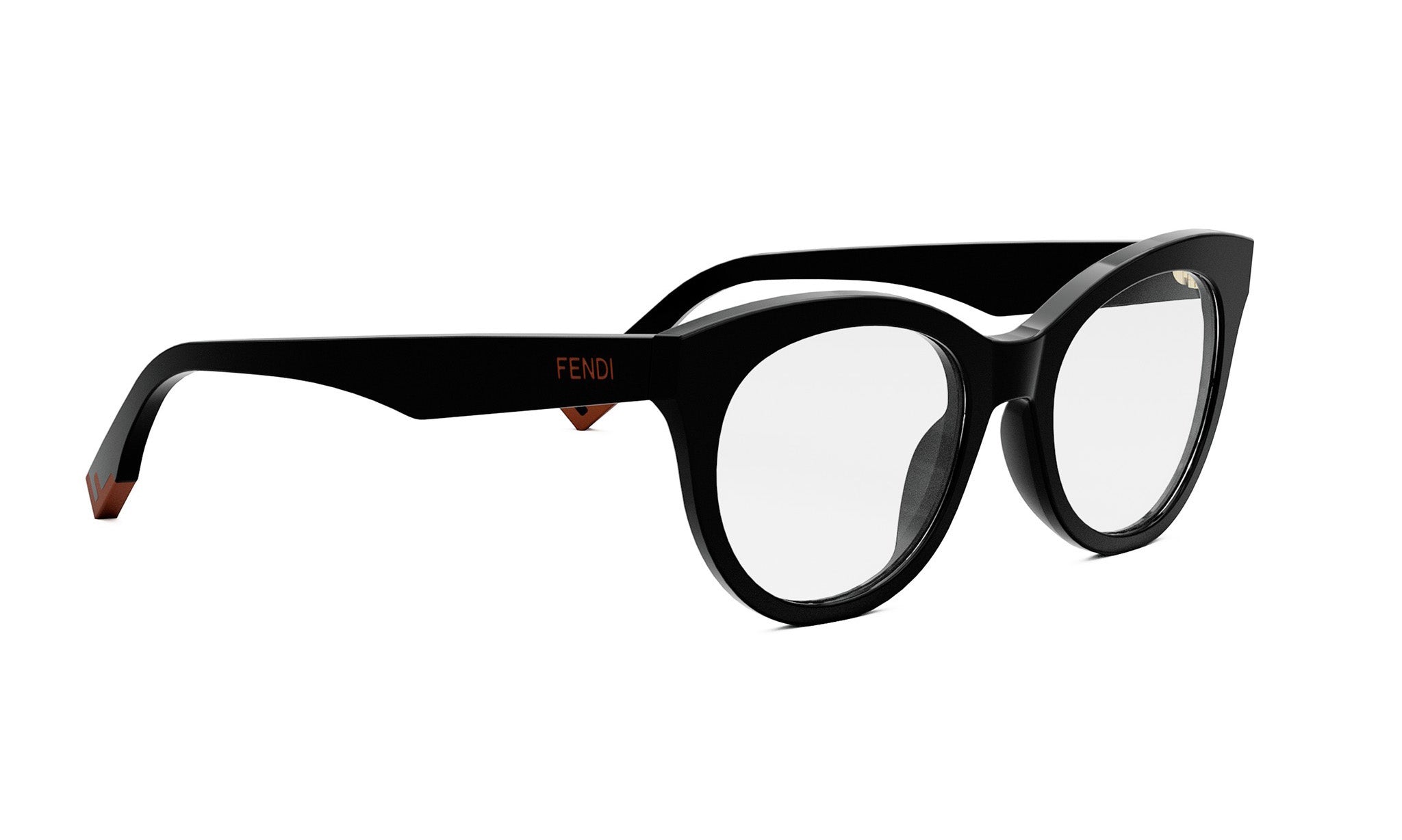 A pair of black cat-eye framed glasses with the Fendi logo on the frame.