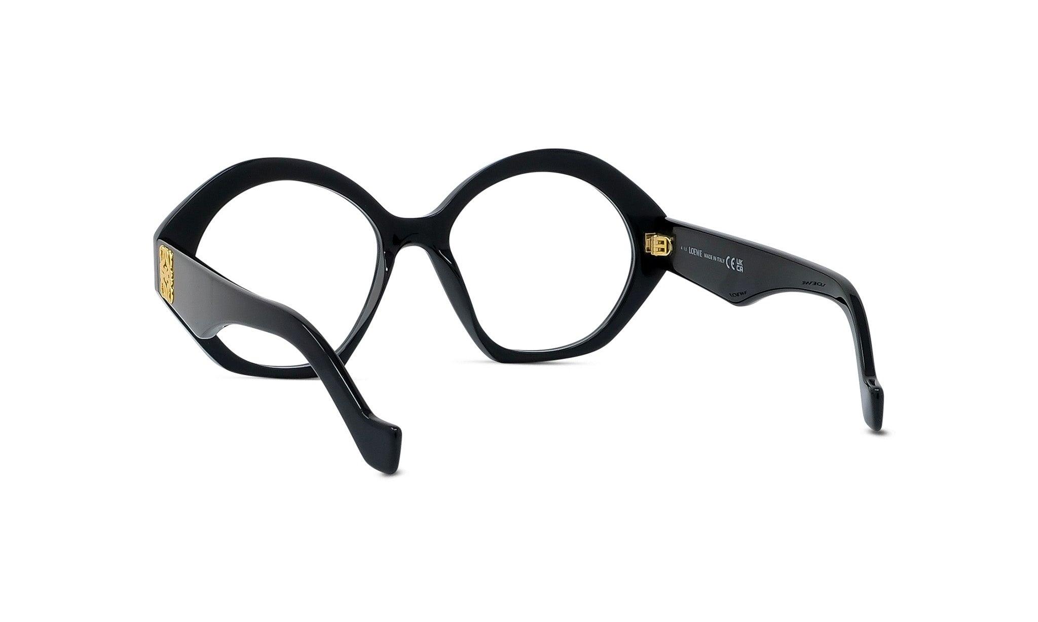 A pair of black-framed glasses with gold accents, featuring a unique and stylish design.