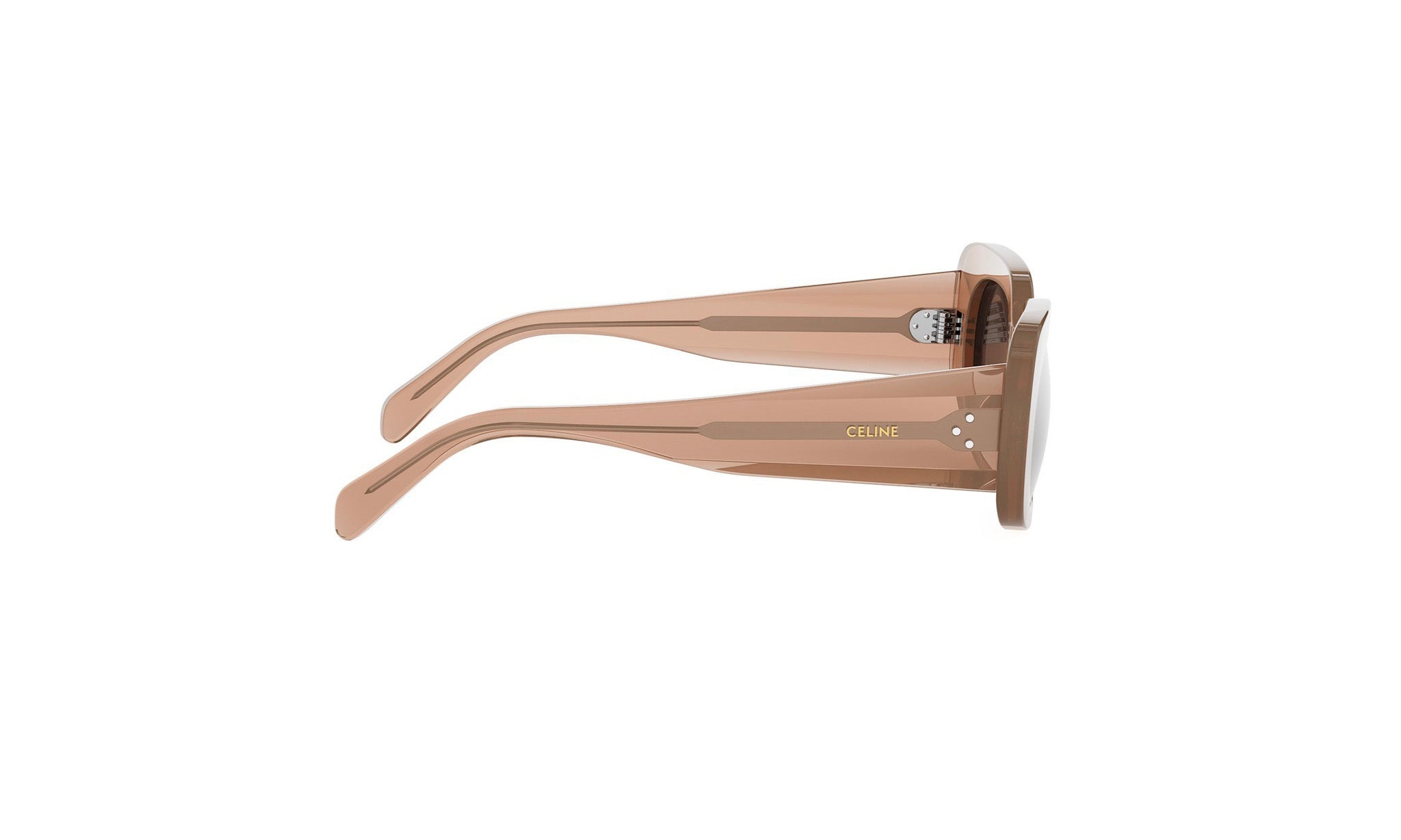 A pair of tan-colored sunglasses with the Celine logo visible on the frame.