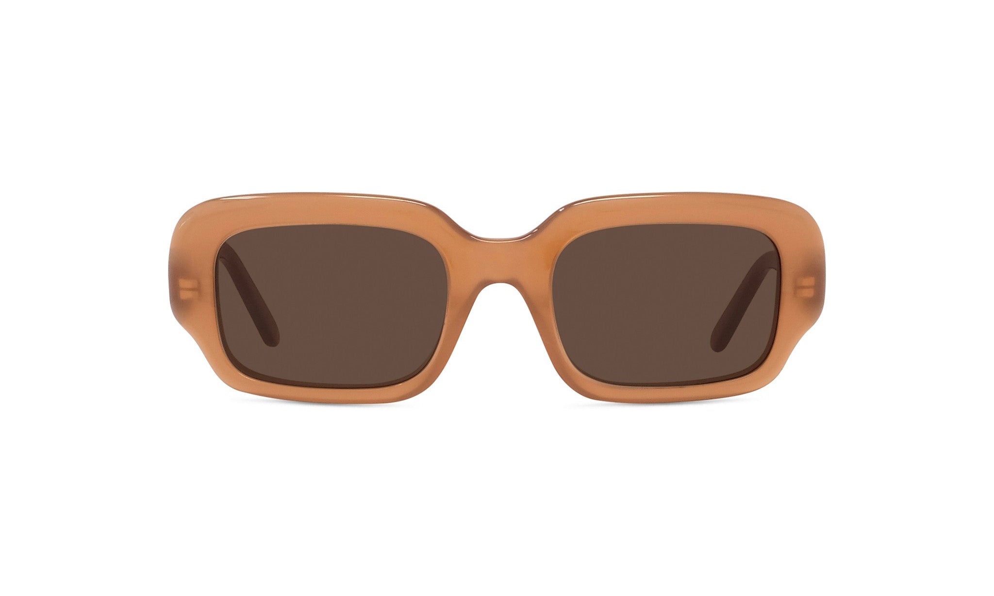 A pair of brown-framed sunglasses with dark lenses.