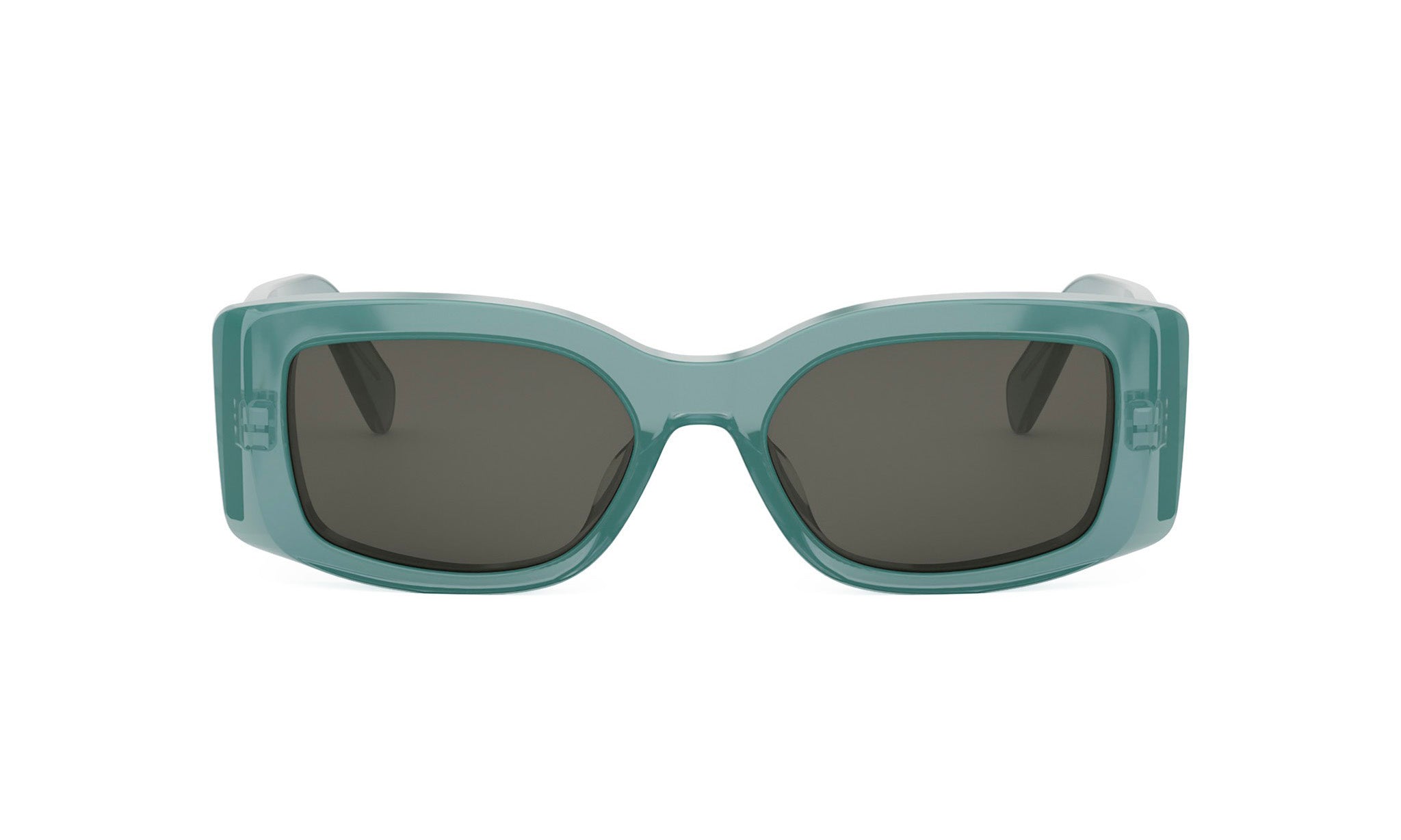 A pair of green rectangular sunglasses with dark lenses.
