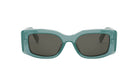 A pair of green rectangular sunglasses with dark lenses.
