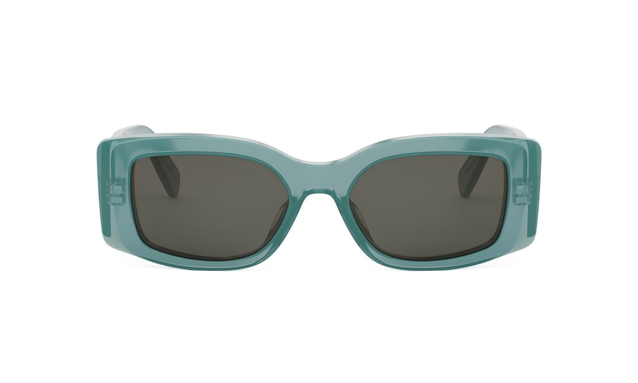 A pair of green rectangular sunglasses with dark lenses.