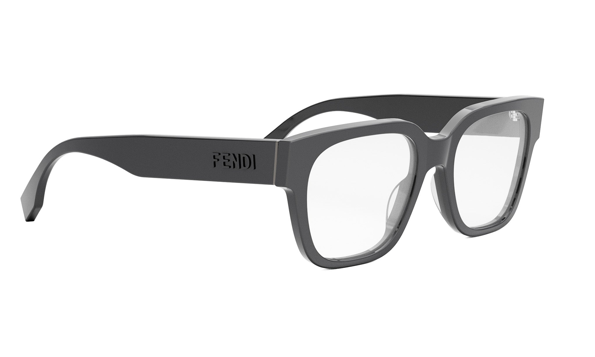 A pair of black-framed glasses with the Fendi logo on the side.