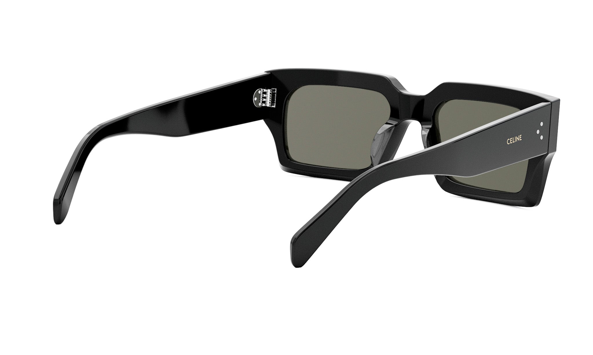 A pair of black sunglasses with dark lenses.