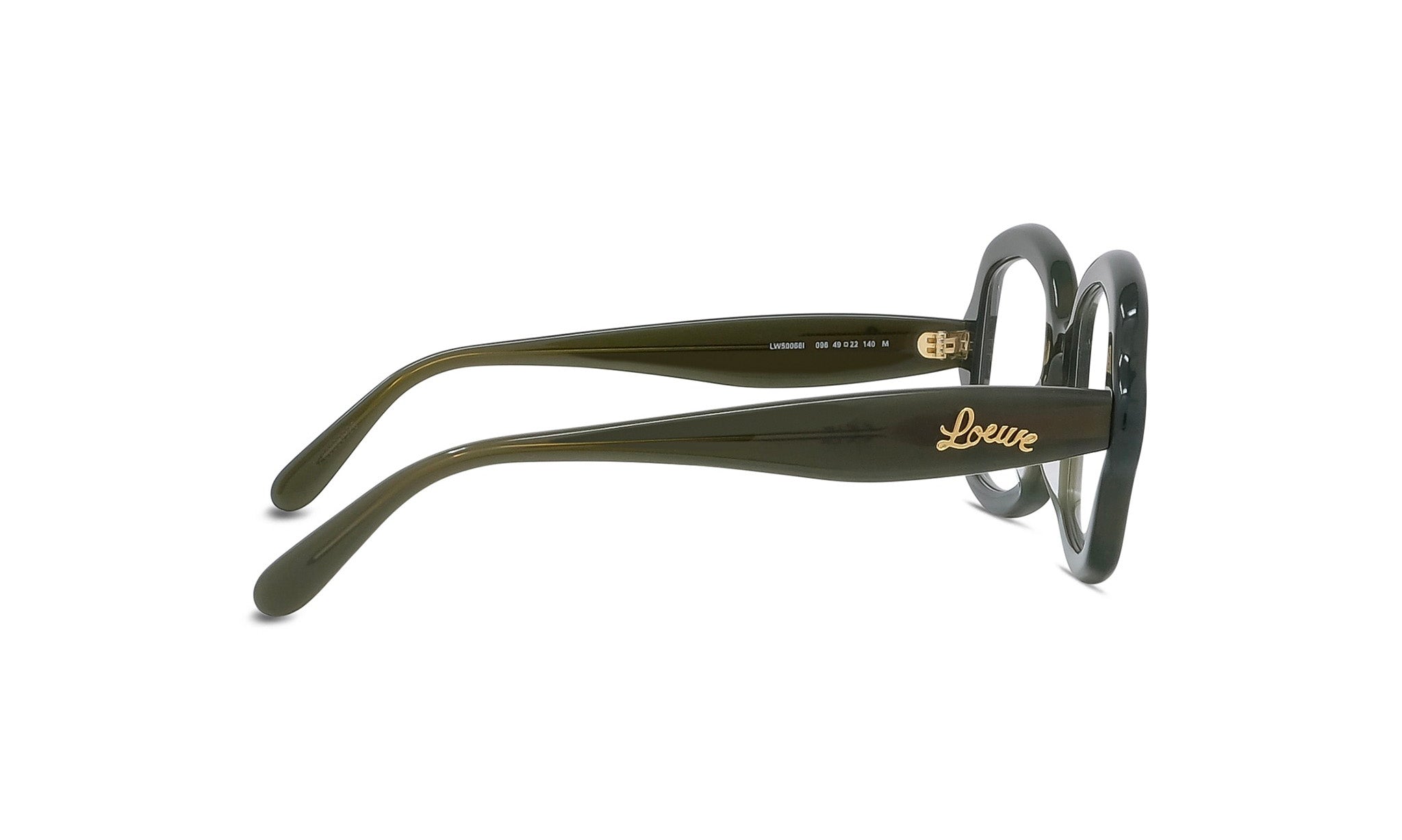 A pair of dark green-framed glasses with the word "Lesse" printed on the side.
