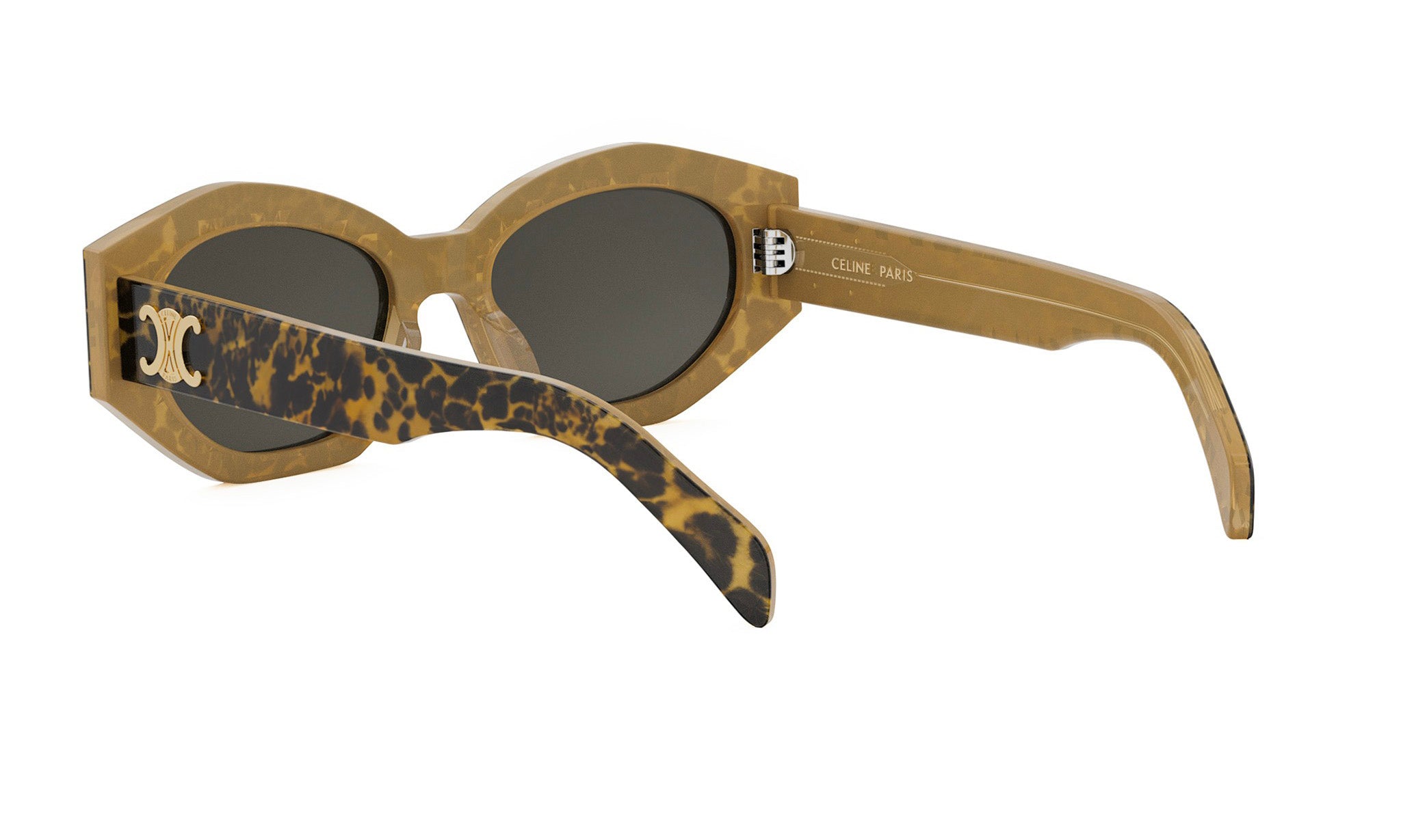 A pair of tan-colored sunglasses with a leopard print frame and dark lenses.