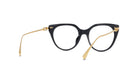 A pair of black cat-eye framed glasses with gold-colored metal accents.