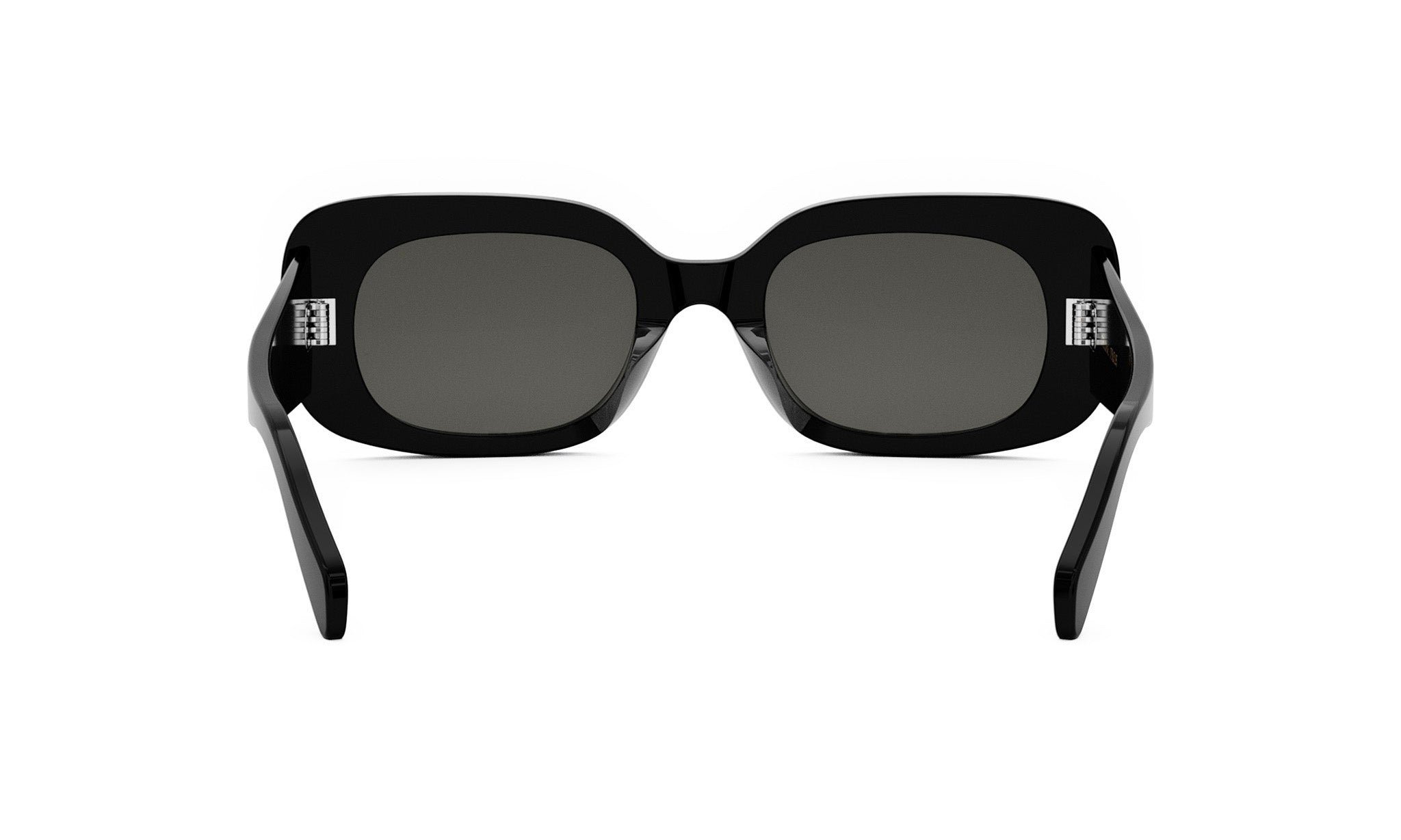 A pair of black sunglasses with dark lenses.