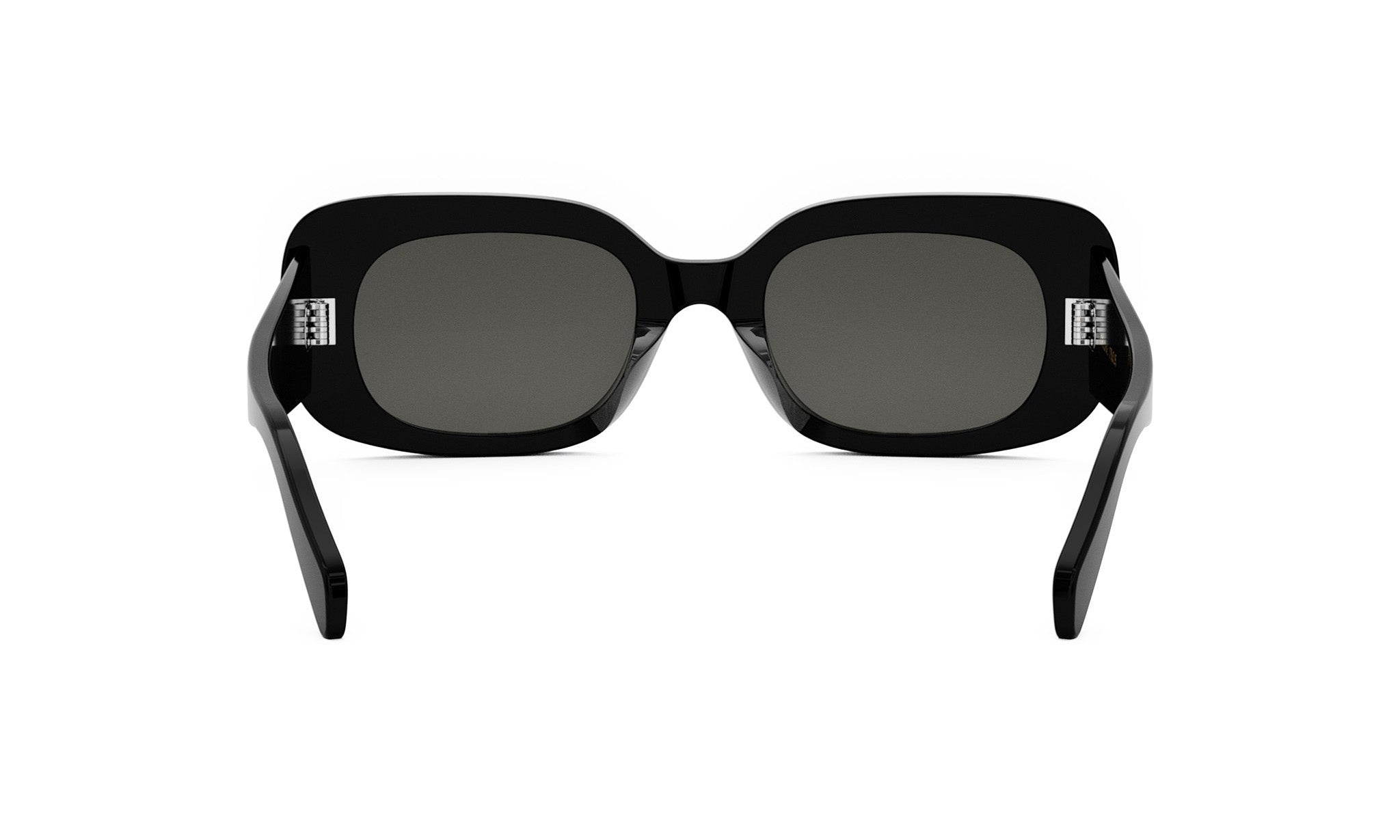 A pair of black sunglasses with dark lenses.