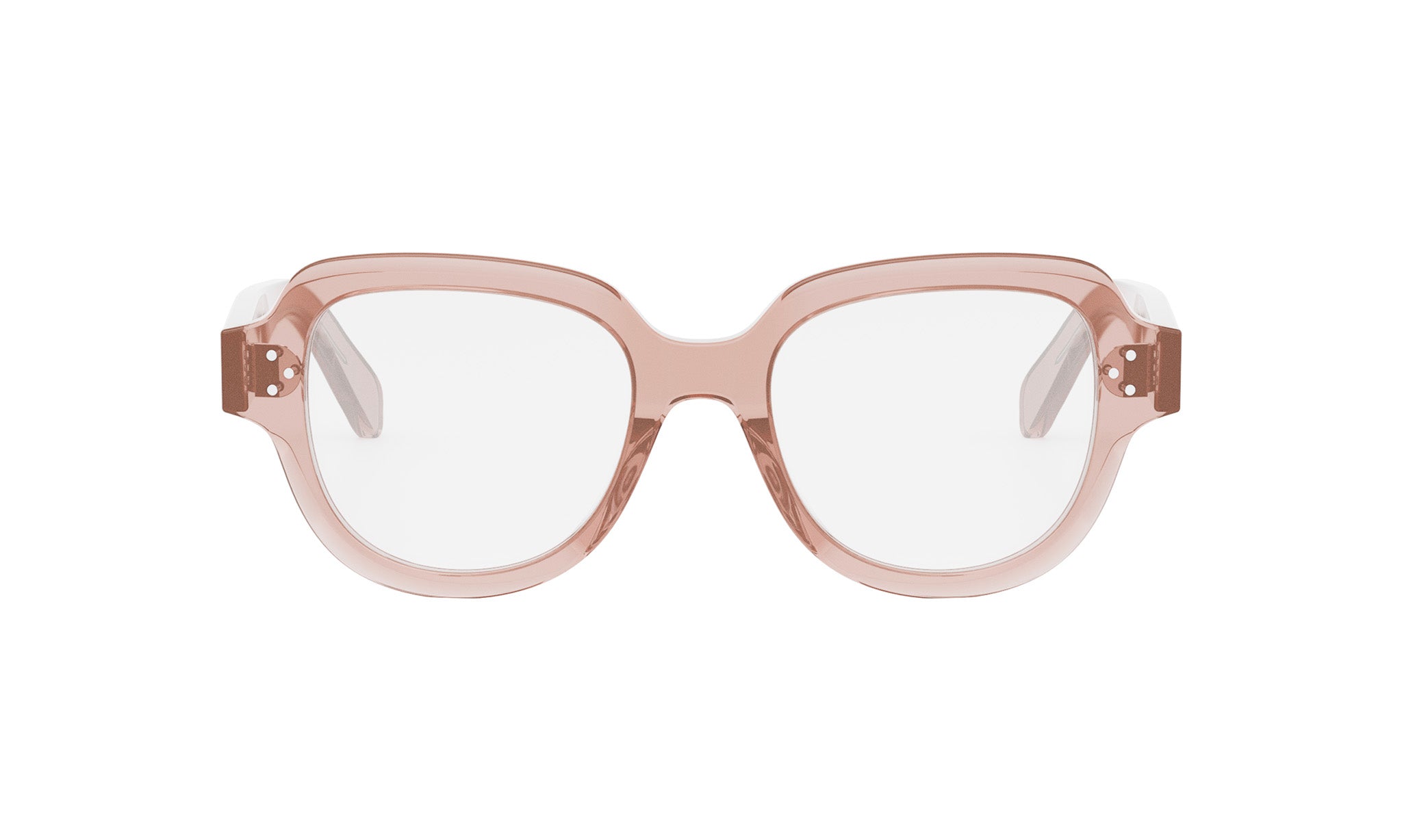 A pair of pink-tinted glasses with clear lenses, designed to be worn with a white background.