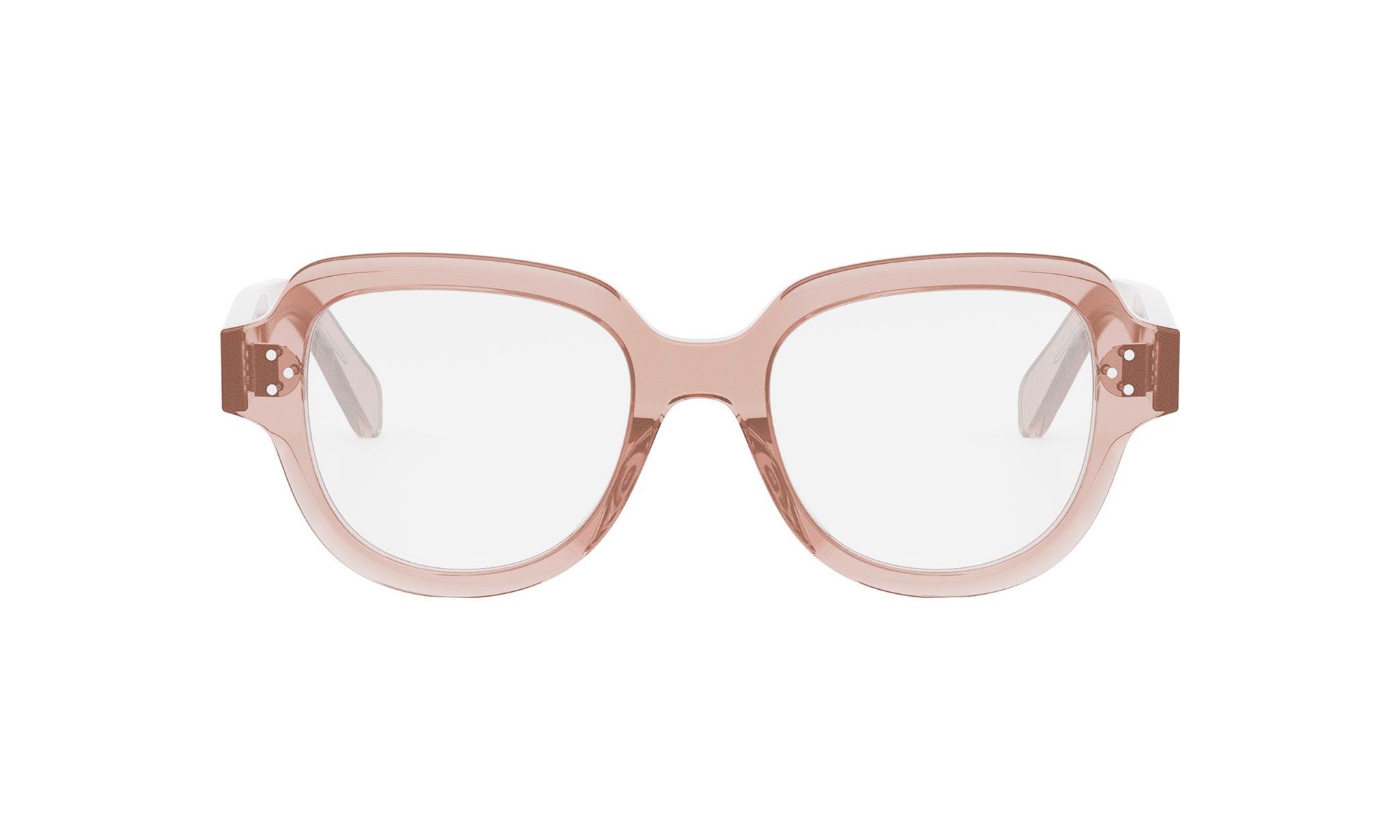 A pair of pink-tinted glasses with clear lenses, designed to be worn with a white background.