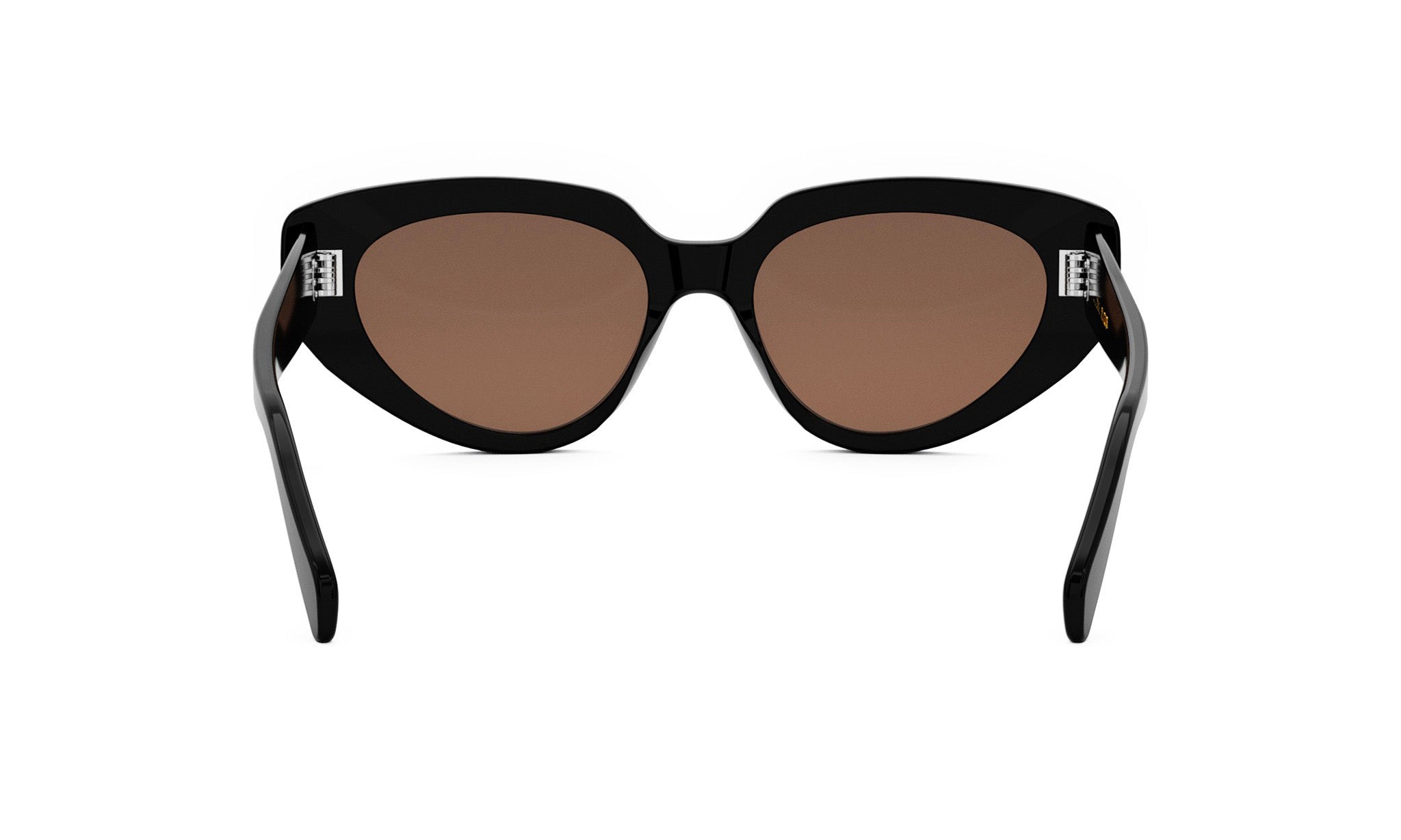 A pair of black cat-eye sunglasses with brown lenses.