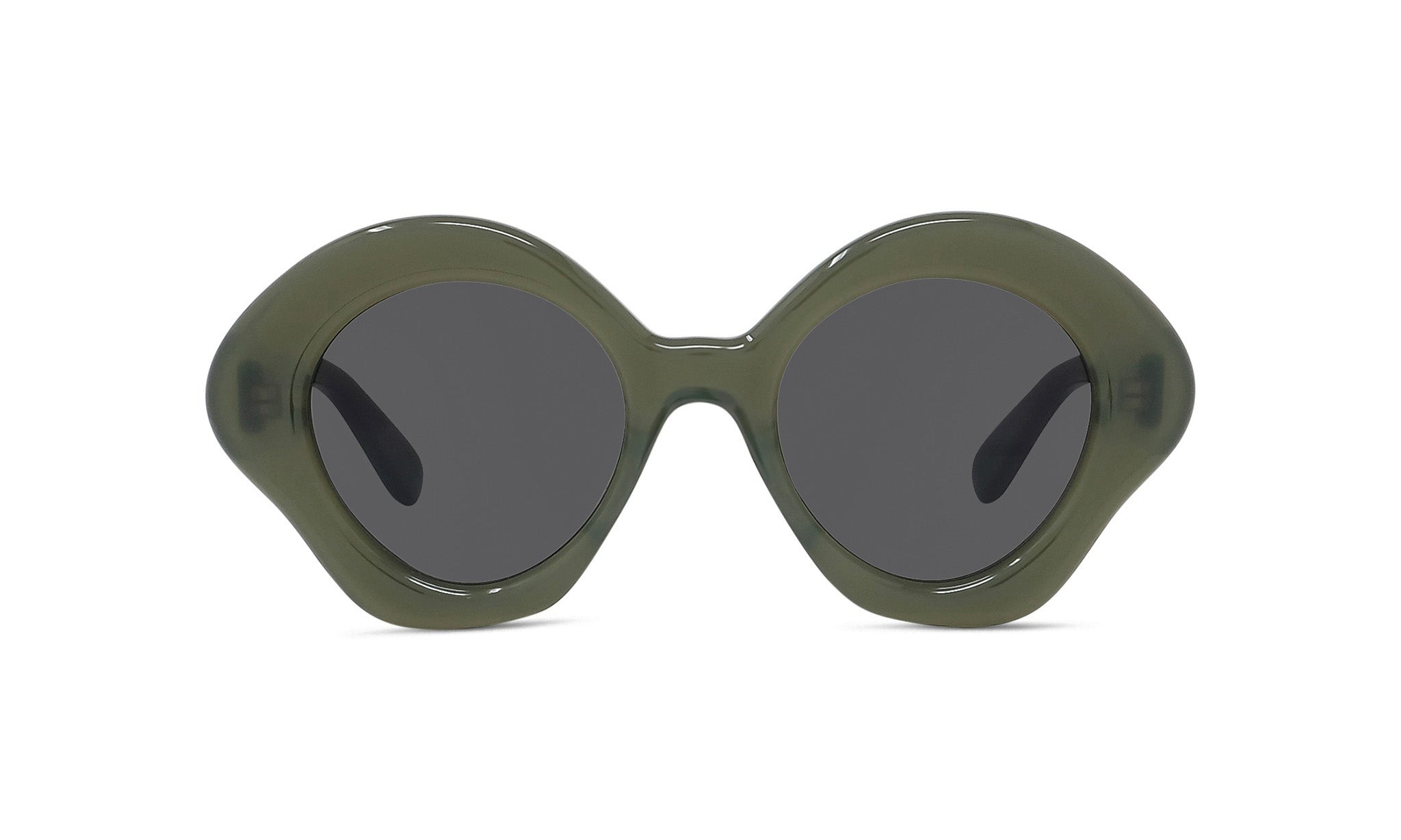 A pair of green-framed sunglasses with dark lenses.