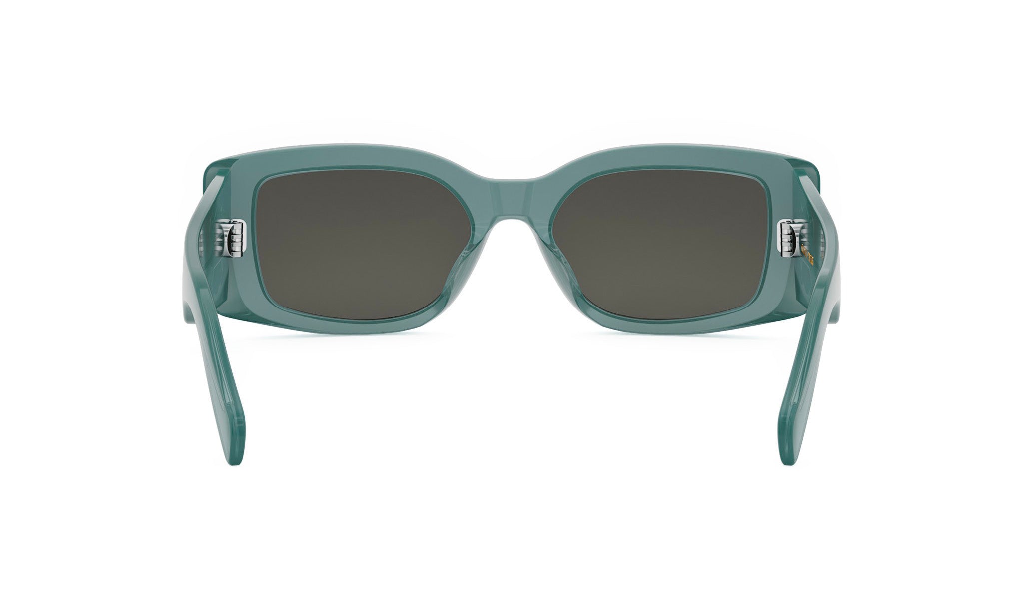 A pair of green-framed sunglasses with dark lenses.