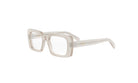 A pair of clear, square-framed glasses with a minimalist, modern design.