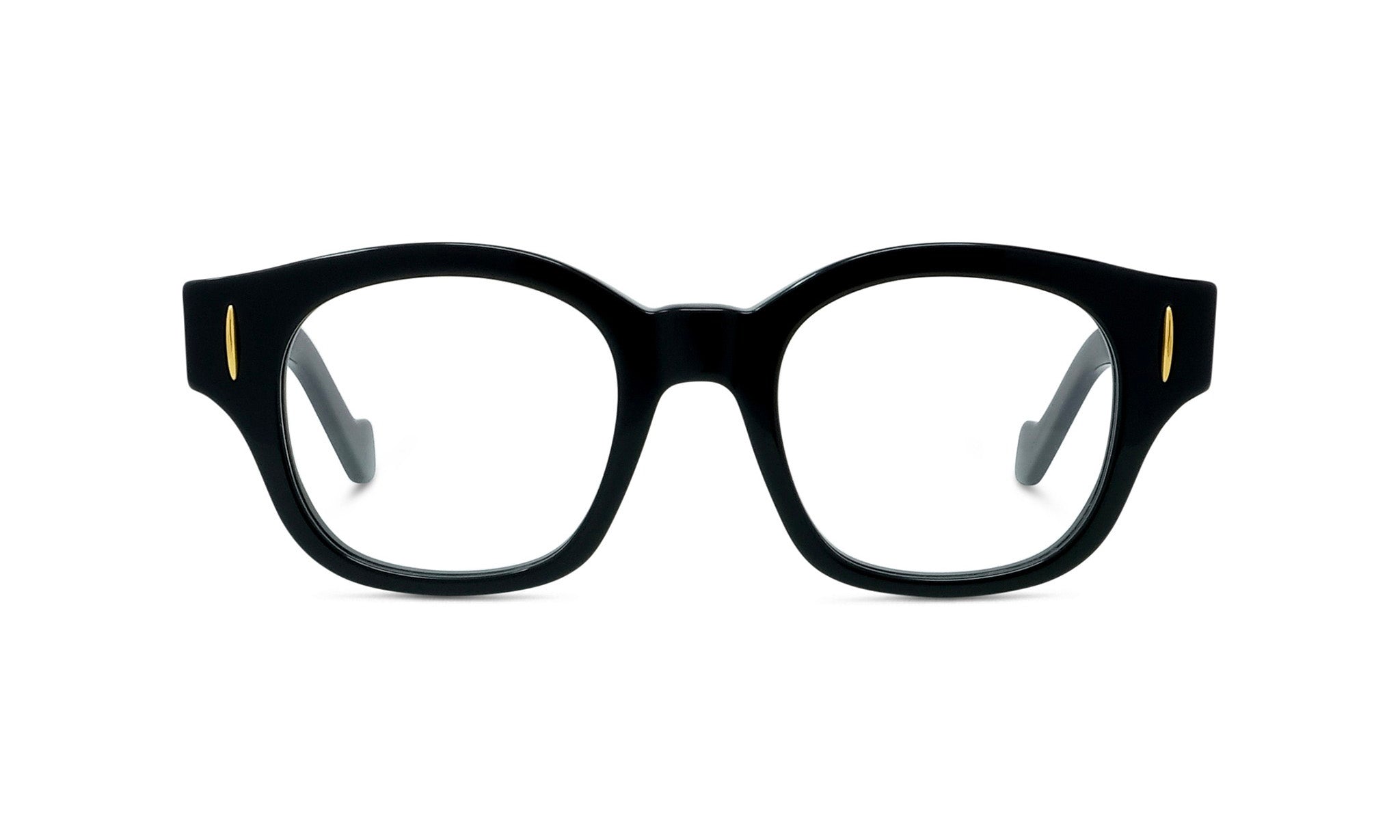A pair of black-framed glasses with gold accents.
