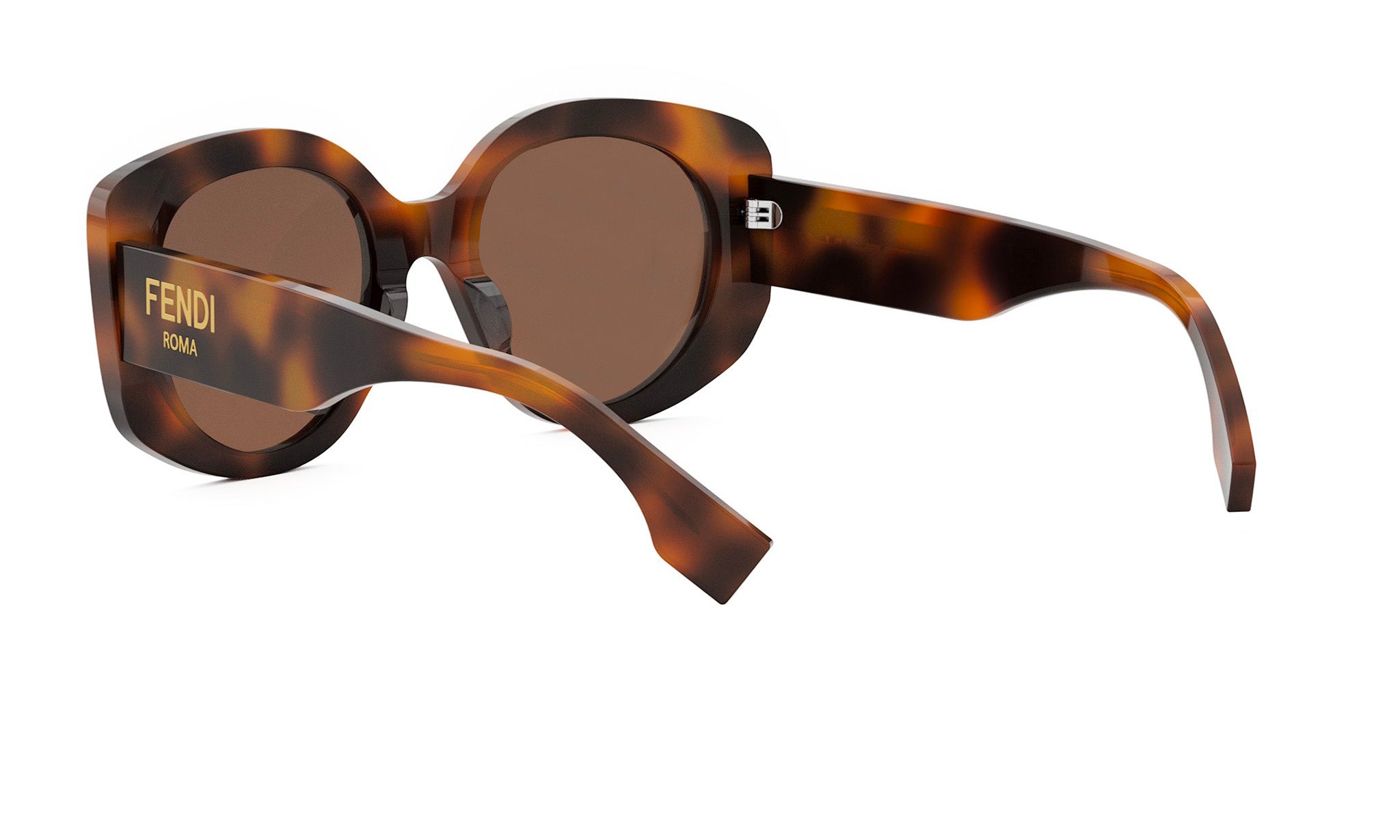 A pair of brown tortoiseshell sunglasses with the Fendi logo on the frame.