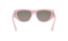 A pair of pink sunglasses with dark lenses.