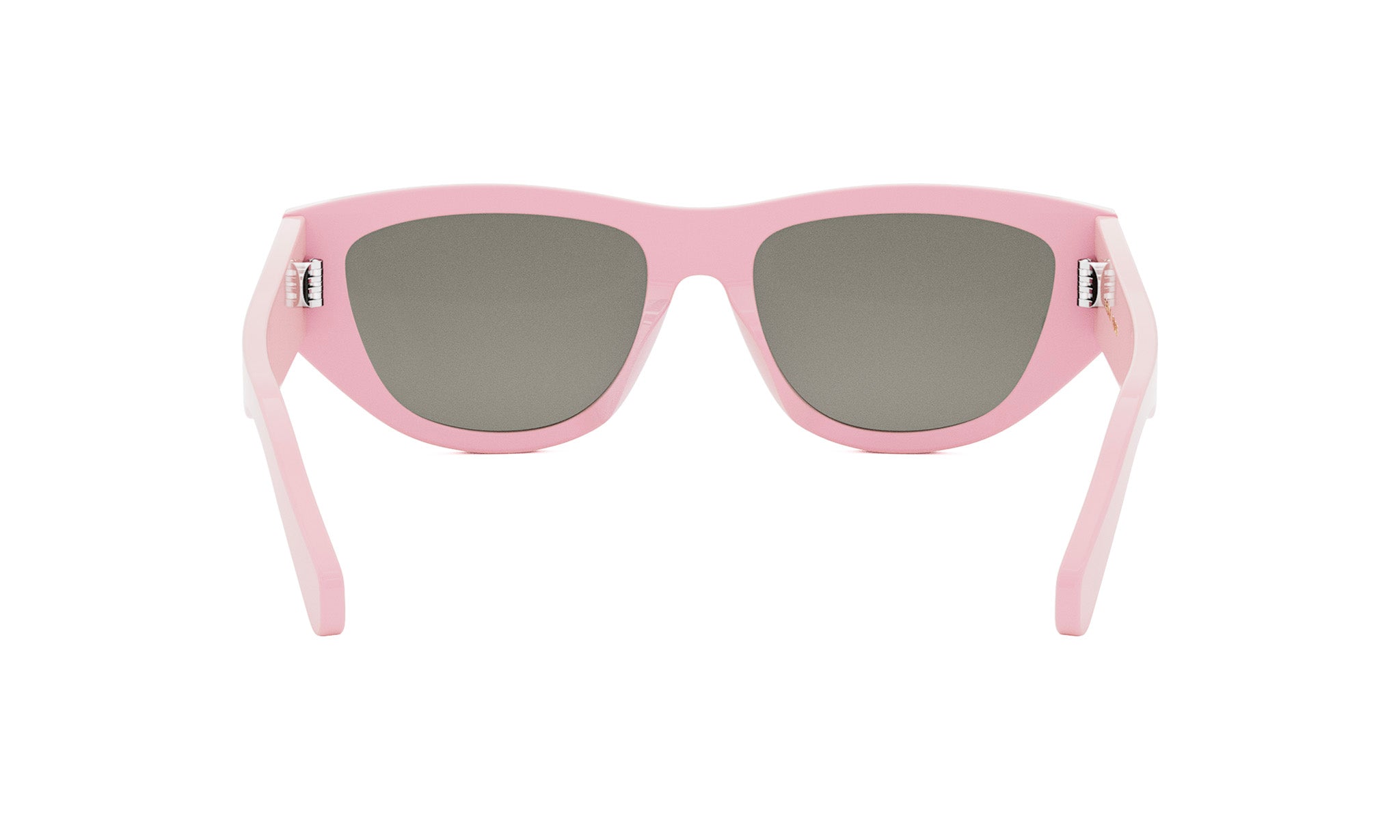 A pair of pink sunglasses with dark lenses.