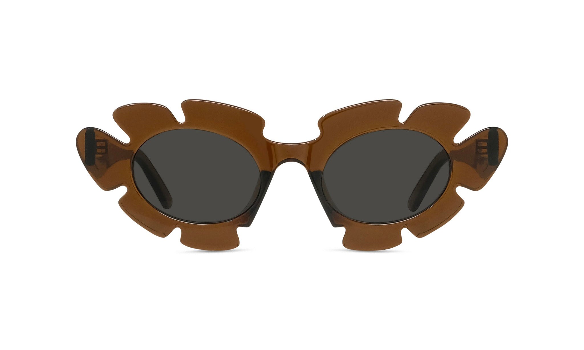 Brown sunglasses with a unique, flower-like frame design.