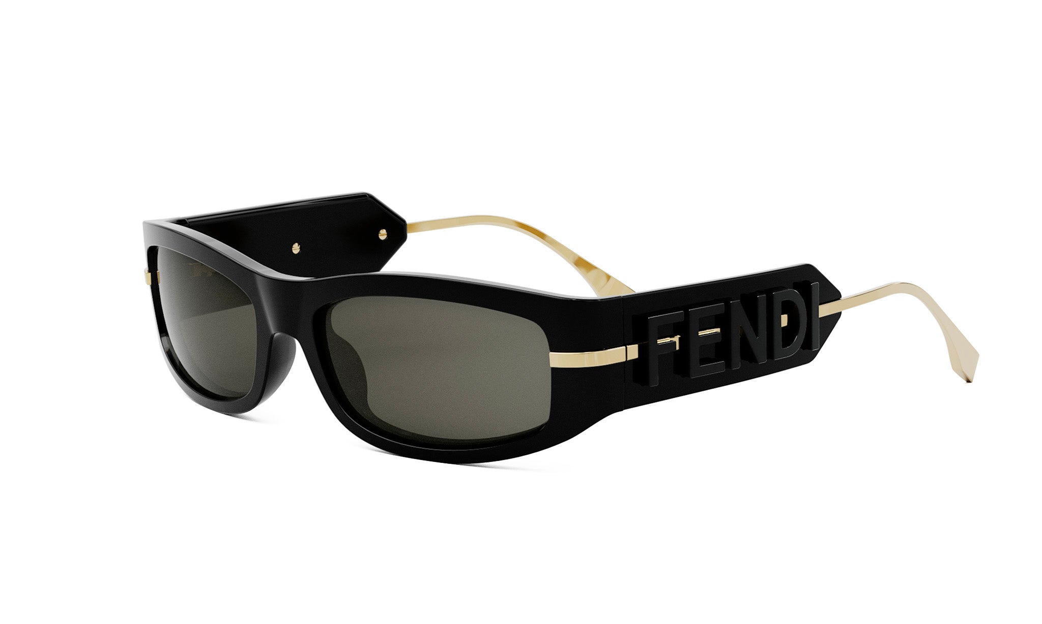 A pair of black sunglasses with gold accents and the Fendi logo on the frame.