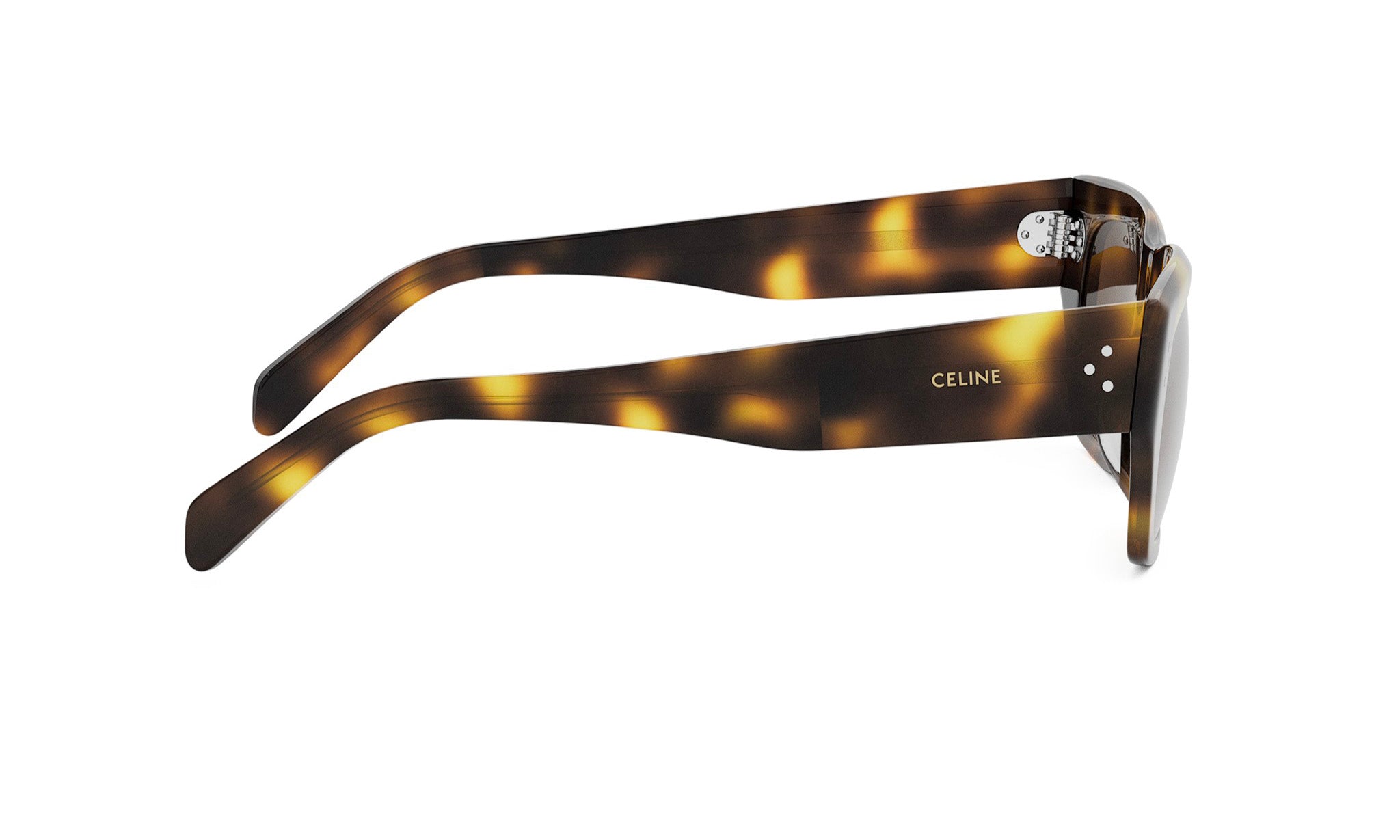A pair of sunglasses with a tortoiseshell frame and the Celine logo on the temples.