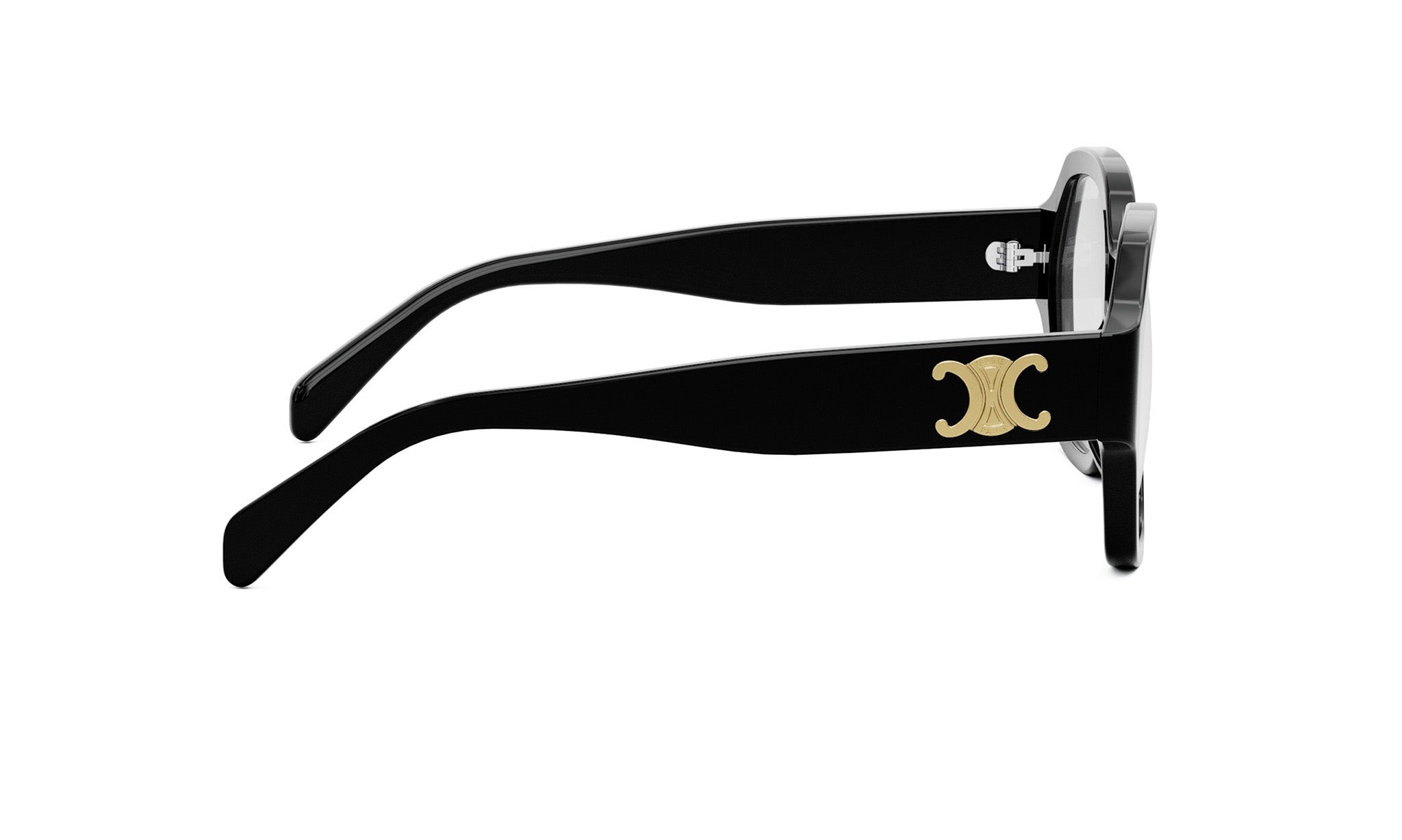 A pair of black sunglasses with a gold C logo on the frame.