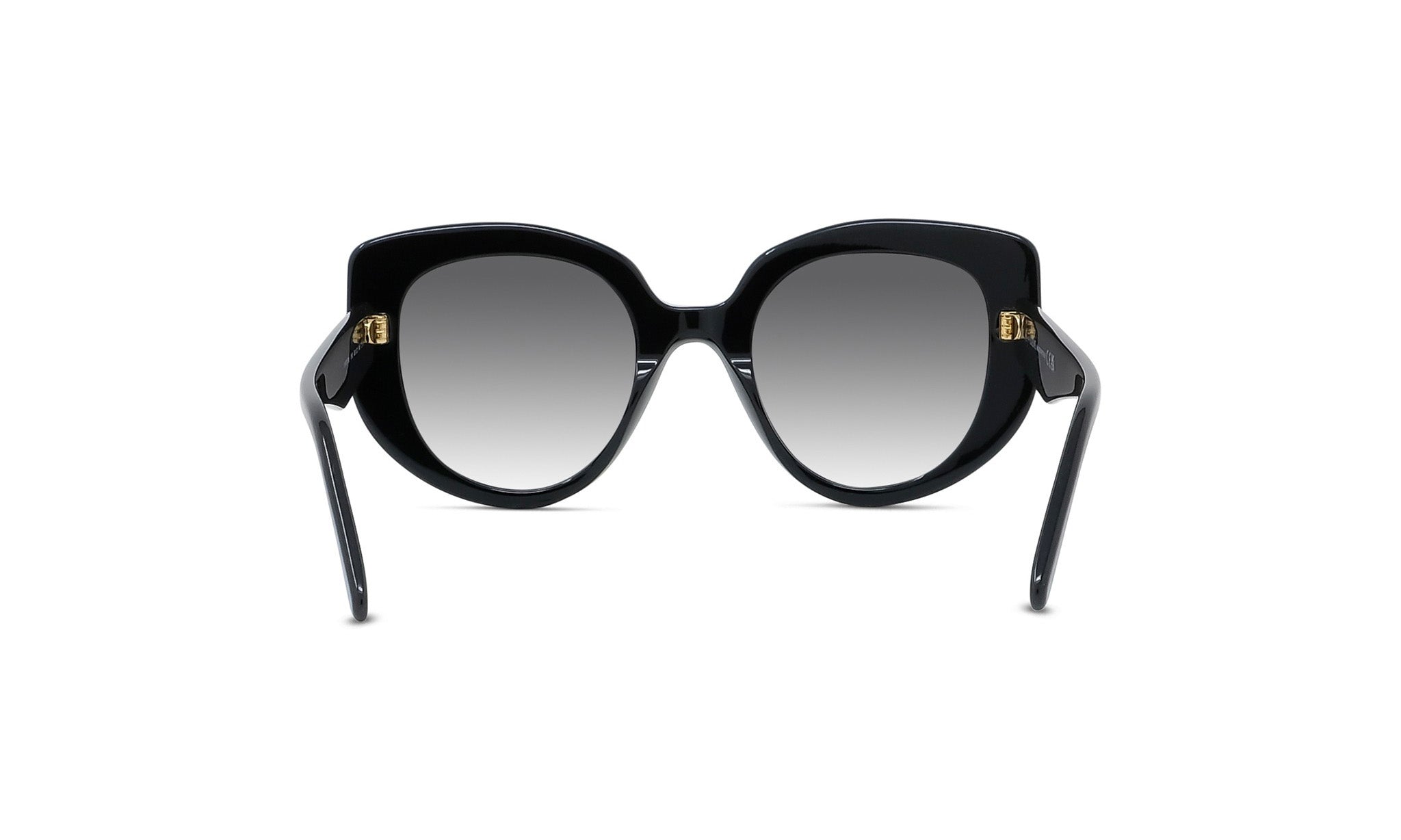 A pair of black cat-eye sunglasses with gold accents.